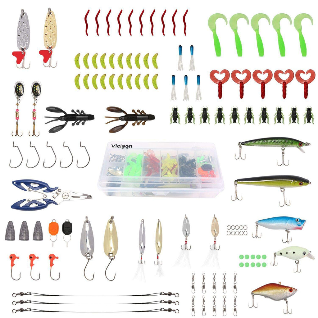 Vicloon Esche da Pesca, Esche Artificiali da Pesca Contiene Crankbaits, Stickbait, Vermi, Ganci Singolo, Pinze, ECC