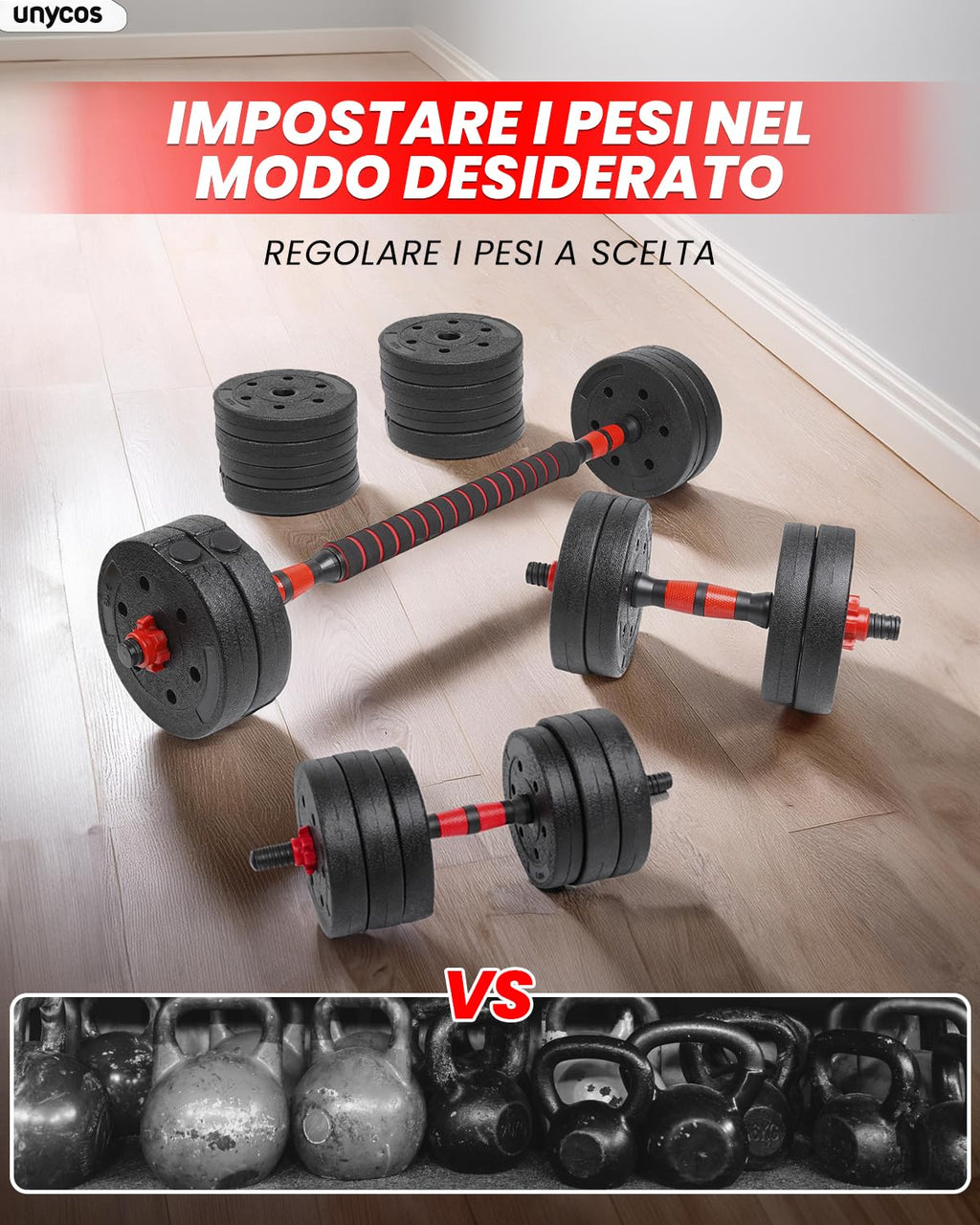 unycos - Manubri Regolabili con Dischi 10-40 kg【E-Book con 50 Esercizi】Coppia di Pesi con Barra di Collegamento Antiscivolo per Allenamento, Palestra in Casa, Fitness (Red/Orange Transformer)