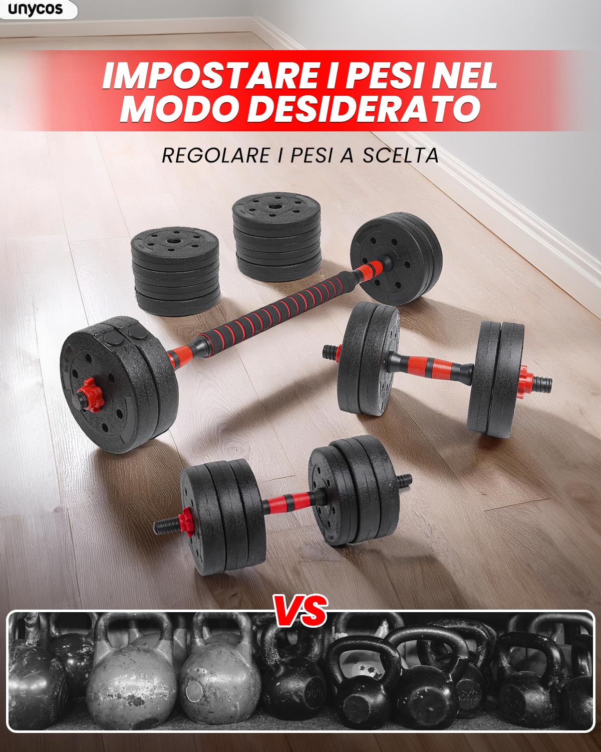 unycos - Manubri Regolabili con Dischi 10-40 kg【E-Book con 50 Esercizi】Coppia di Pesi con Barra di Collegamento Antiscivolo per Allenamento, Palestra in Casa, Fitness (Red/Orange Transformer)