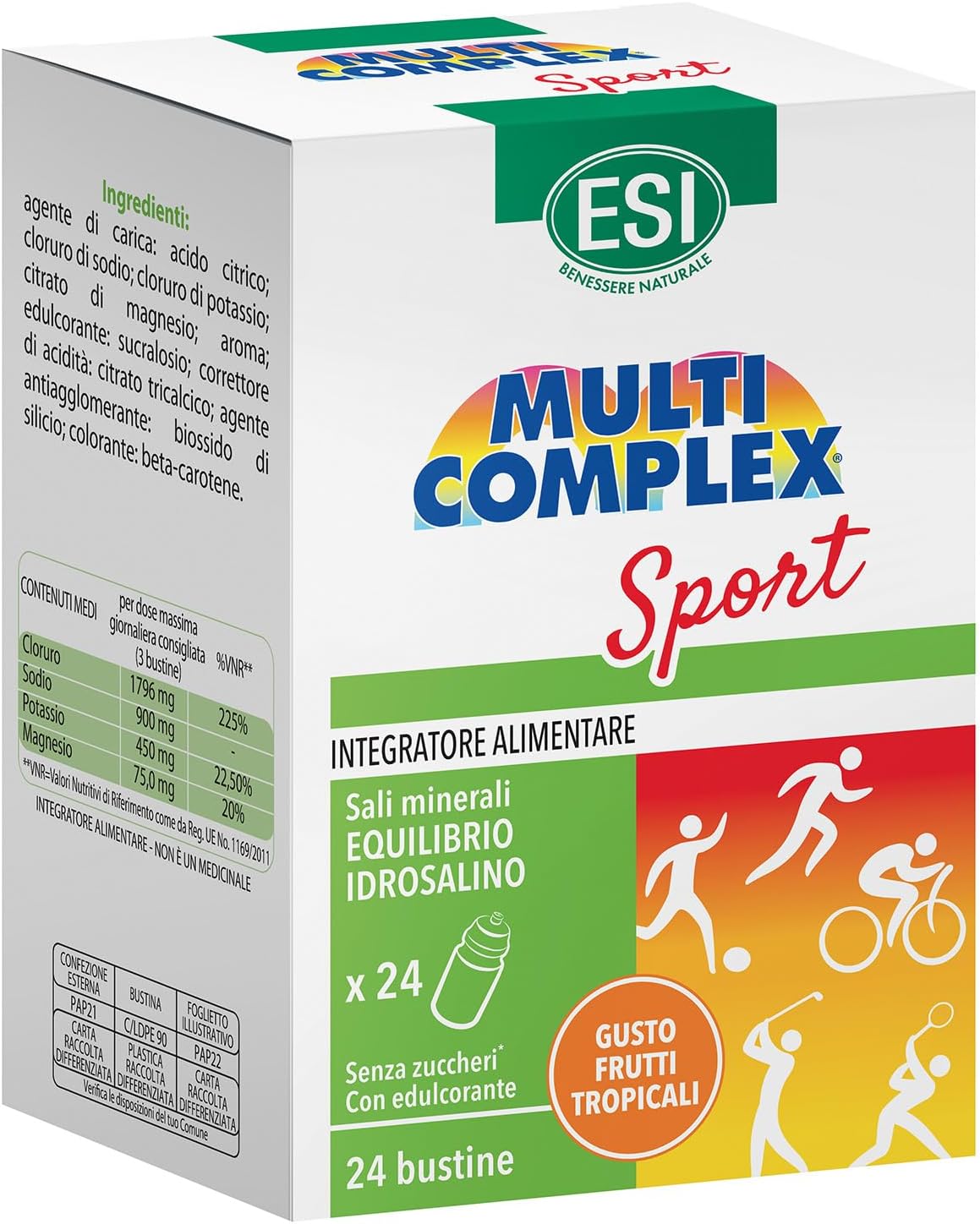 ESI, Multicomplex Sport, Integratore Alimentare di Sali Minerali per Sportivi con Potassio, Magnesio e Sodio, Contrasta l'Affaticamento e Restituisce Energia, Senza Zuccheri, 24 Bustine