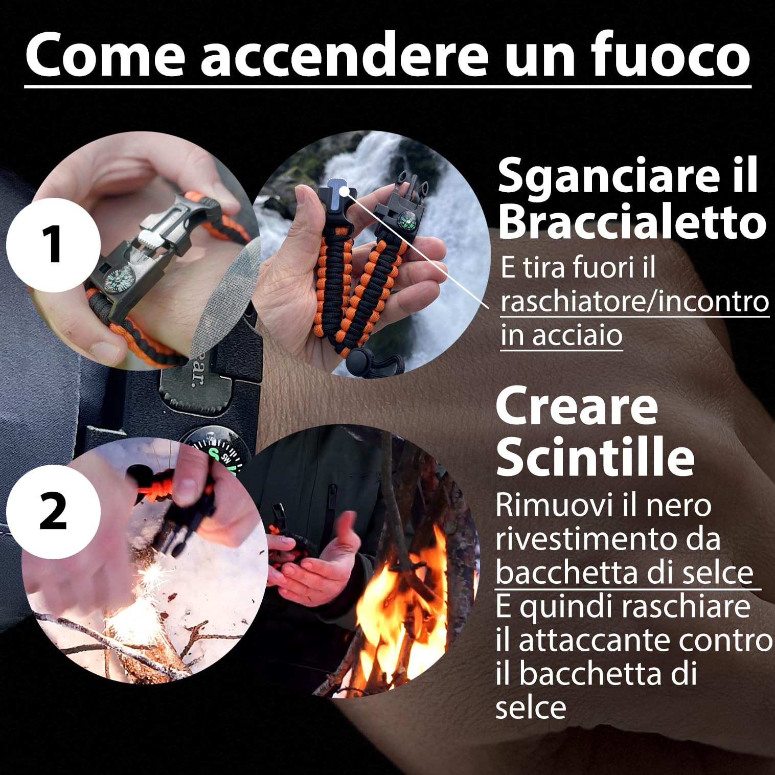 Braccialetto Sopravvivenza in Paracord (Coppia) │ Accendifuoco in selce e Acciaio, Fischietto, Bussola, Fascia Regolabile per Campeggio, bushcraft, Kit di Emergenza (Nero e Arancione)