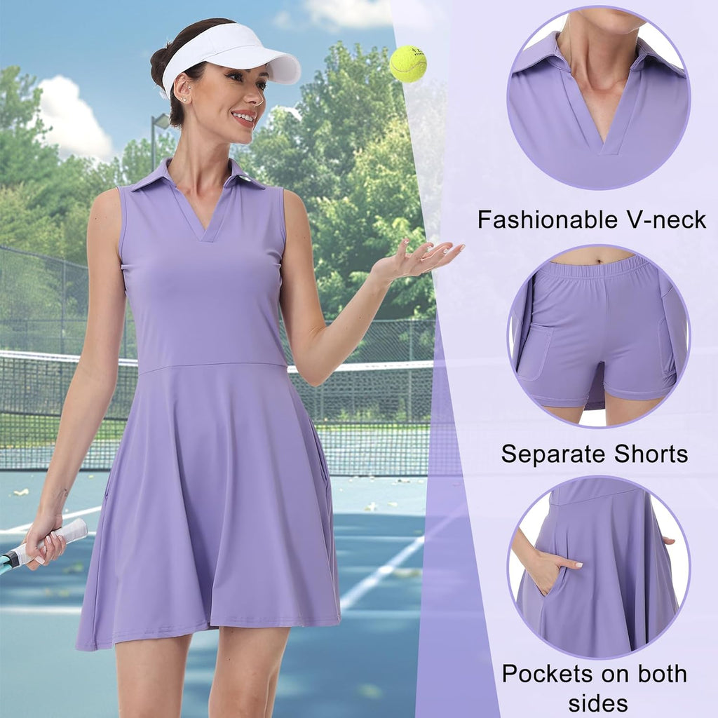 Bezioner Vestito Tennis Donna Vestito Polo con Pantaloncini Vita Alta Abiti da Golf con Tasche Senza Maniche Abito Sportivo