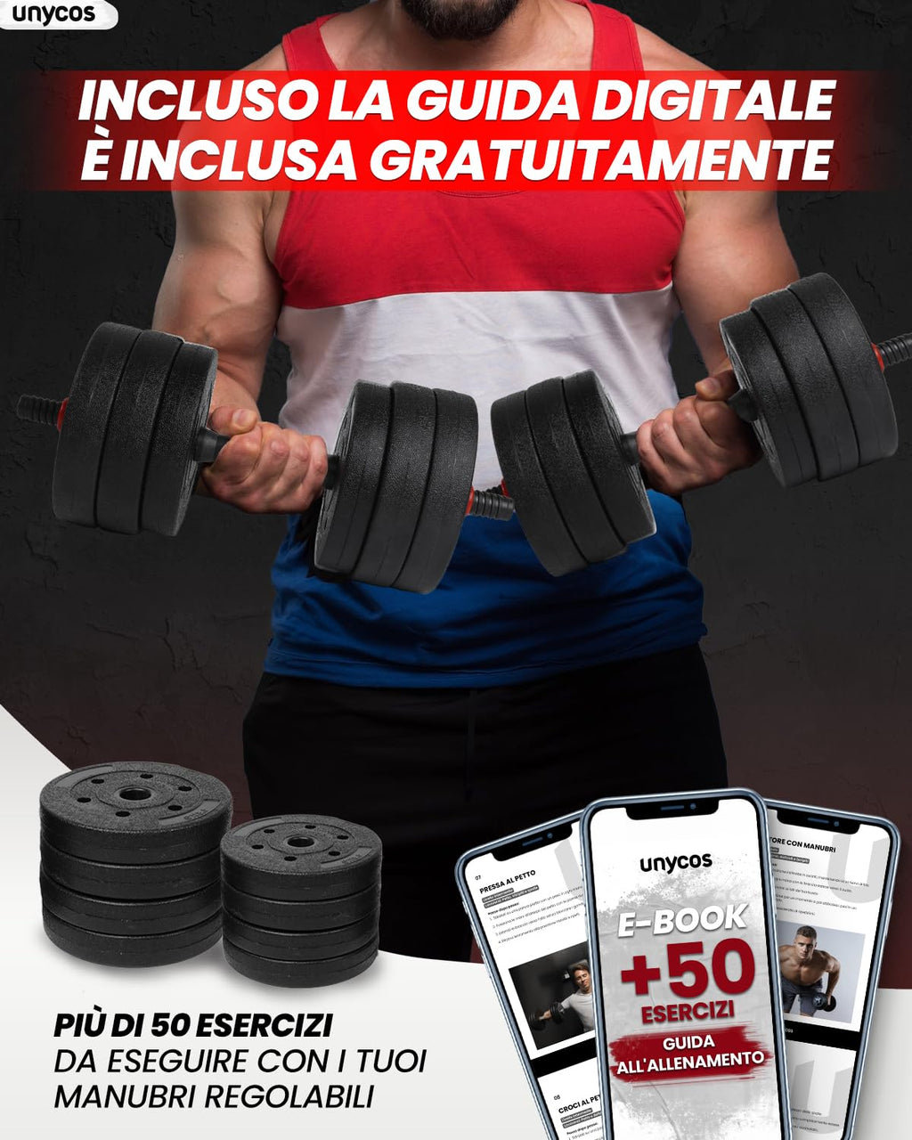 unycos - Manubri Regolabili con Dischi 10-40 kg【E-Book con 50 Esercizi】Coppia di Pesi con Barra di Collegamento Antiscivolo per Allenamento, Palestra in Casa, Fitness (Red/Orange Transformer)