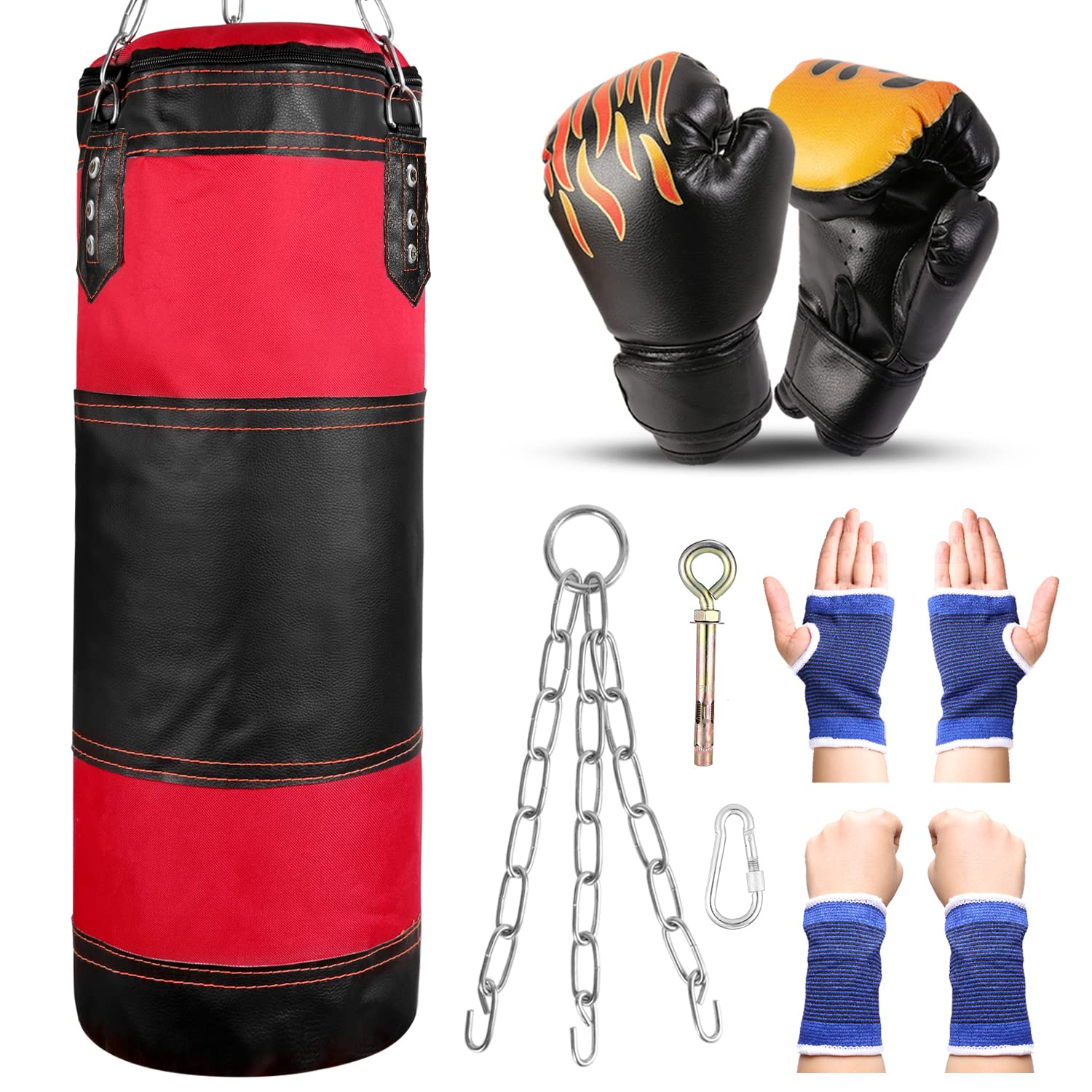 Odoland Sacco da Boxe Kit 7-in-1 per Bambini, Sacco da Pugilato 60 cm Vuoto con Guantoni da Boxe da 6 Once e Maniche Protettive per Polso della Mano, Catene da Appendere per Sacco da Boxe e Gancio