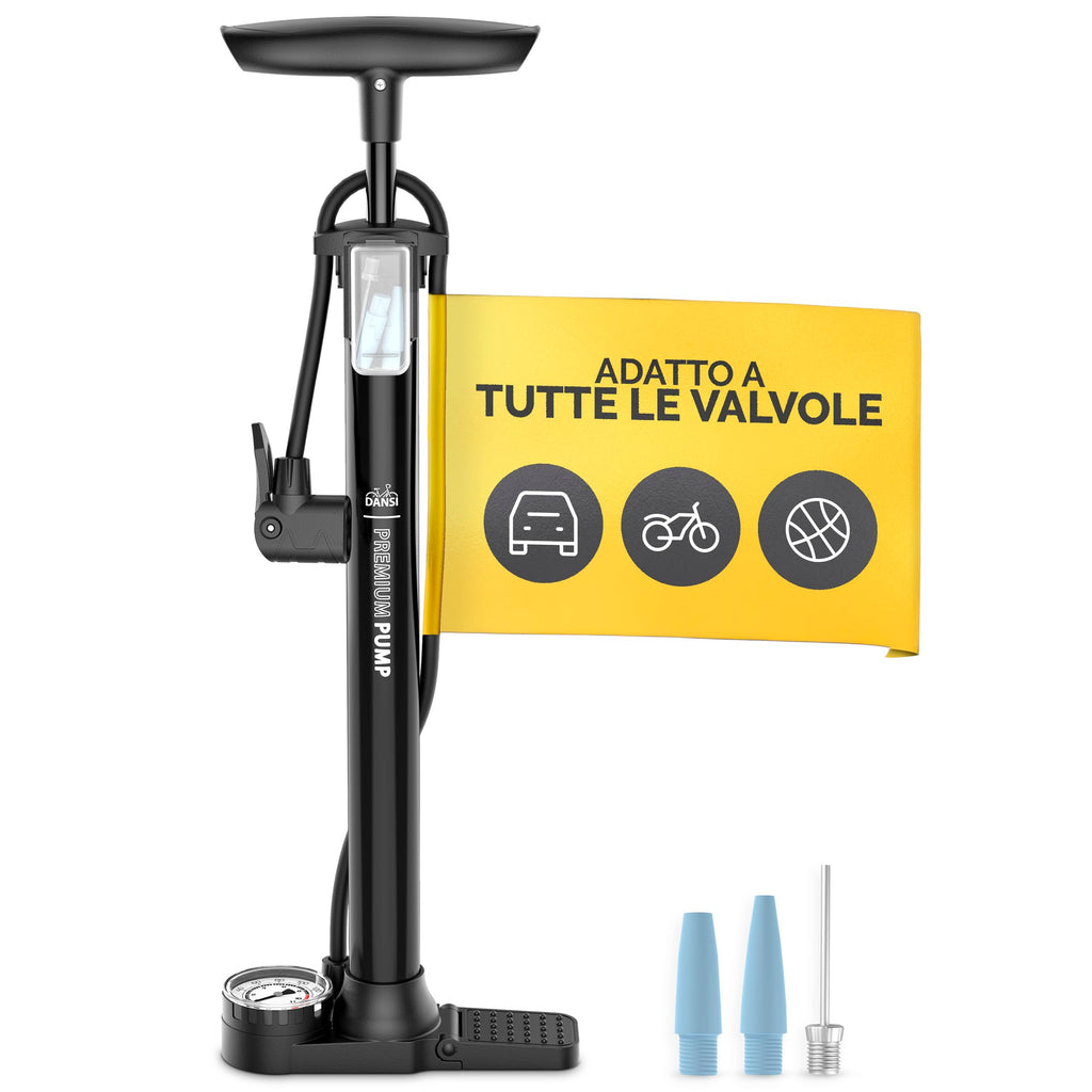 DANSI Pompa per bicicletta a pedale con valvole AV, SV, DV - Pompa ad aria per bicicletta con manometro grande, adattatori e serbatoio | Pompa per moto, bici elettrica, auto e articoli sportivi