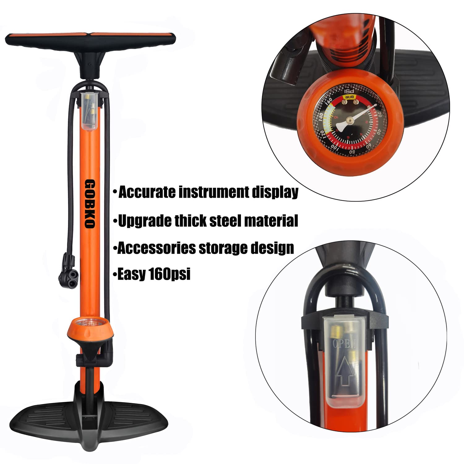 Pompa da pavimento per bici, pompa da bicicletta da pavimento con pompe per biciclette Presta & Schrader Valvole Pompa ad alta pressione portatile multiuso da 160 psi per bici e palloni