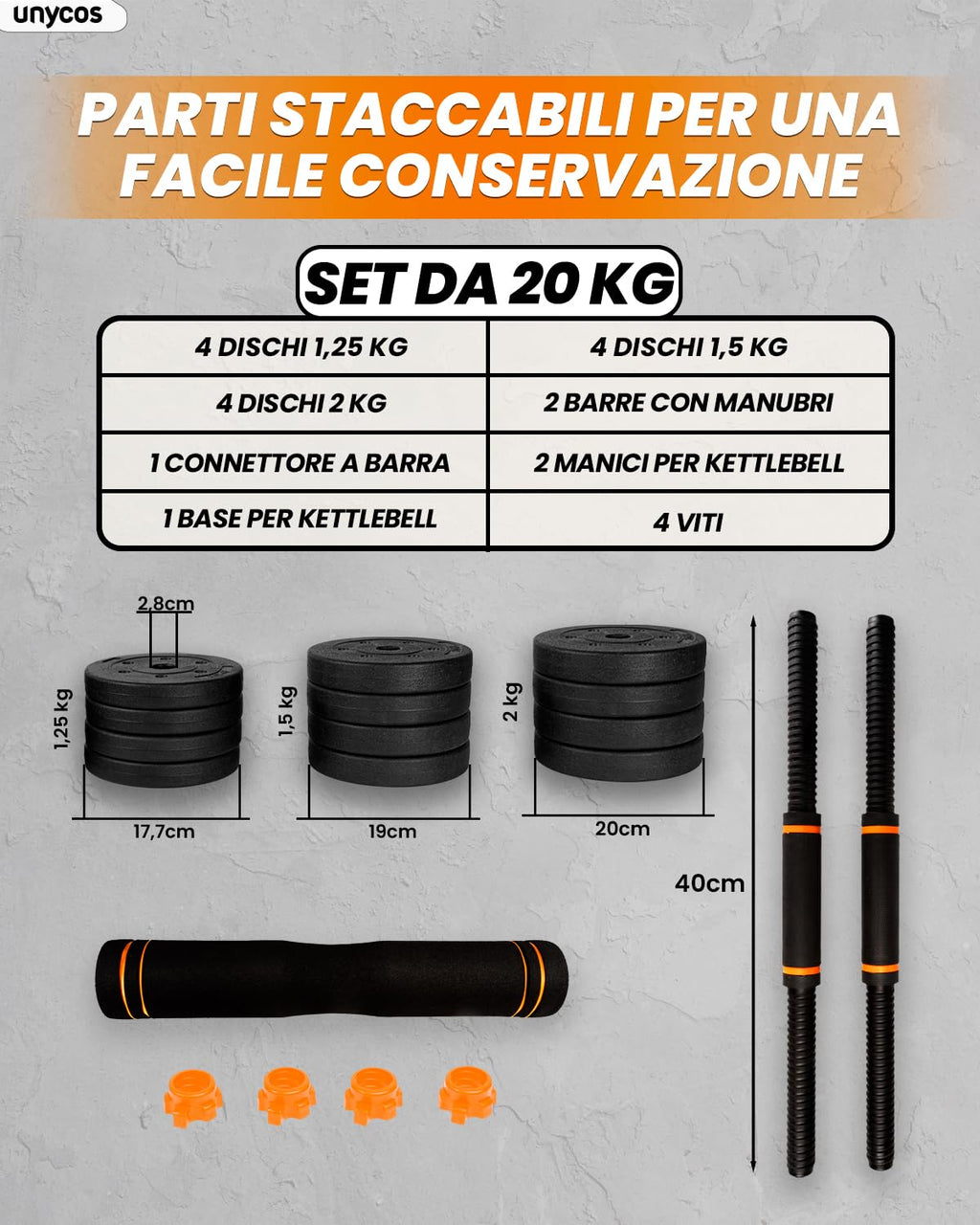 unycos - Manubri Regolabili con Dischi 10-40 kg【E-Book con 50 Esercizi】Coppia di Pesi con Barra di Collegamento Antiscivolo per Allenamento, Palestra in Casa, Fitness (Red/Orange Transformer)
