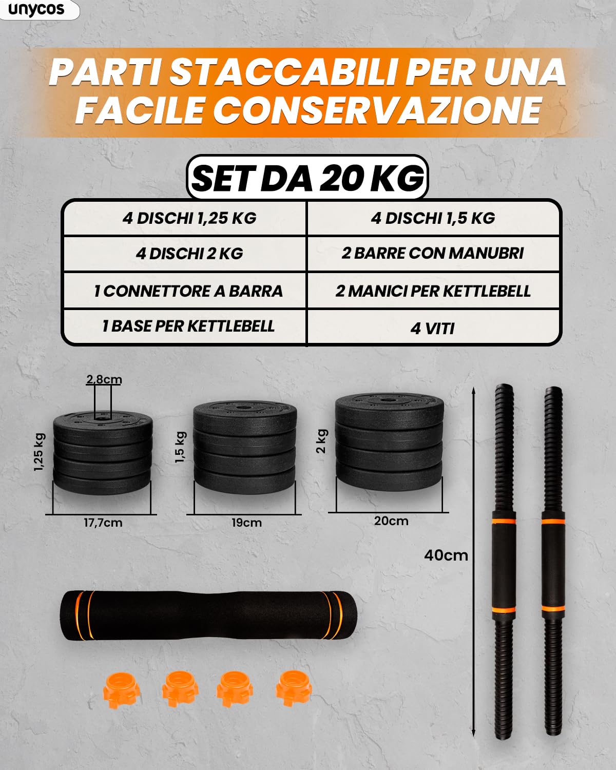 unycos - Manubri Regolabili con Dischi 10-40 kg【E-Book con 50 Esercizi】Coppia di Pesi con Barra di Collegamento Antiscivolo per Allenamento, Palestra in Casa, Fitness (Red/Orange Transformer)