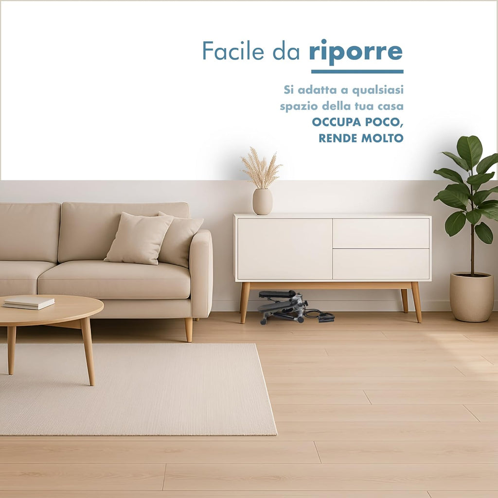 PORTENTUM Mini stepper fitness casa con bande di resistenza e schermo LCD 5 funzioni — Step 3-in-1 per gambe, glutei e braccia — Intensità regolabile — Attrezzi palestra compatti e facili da riporre