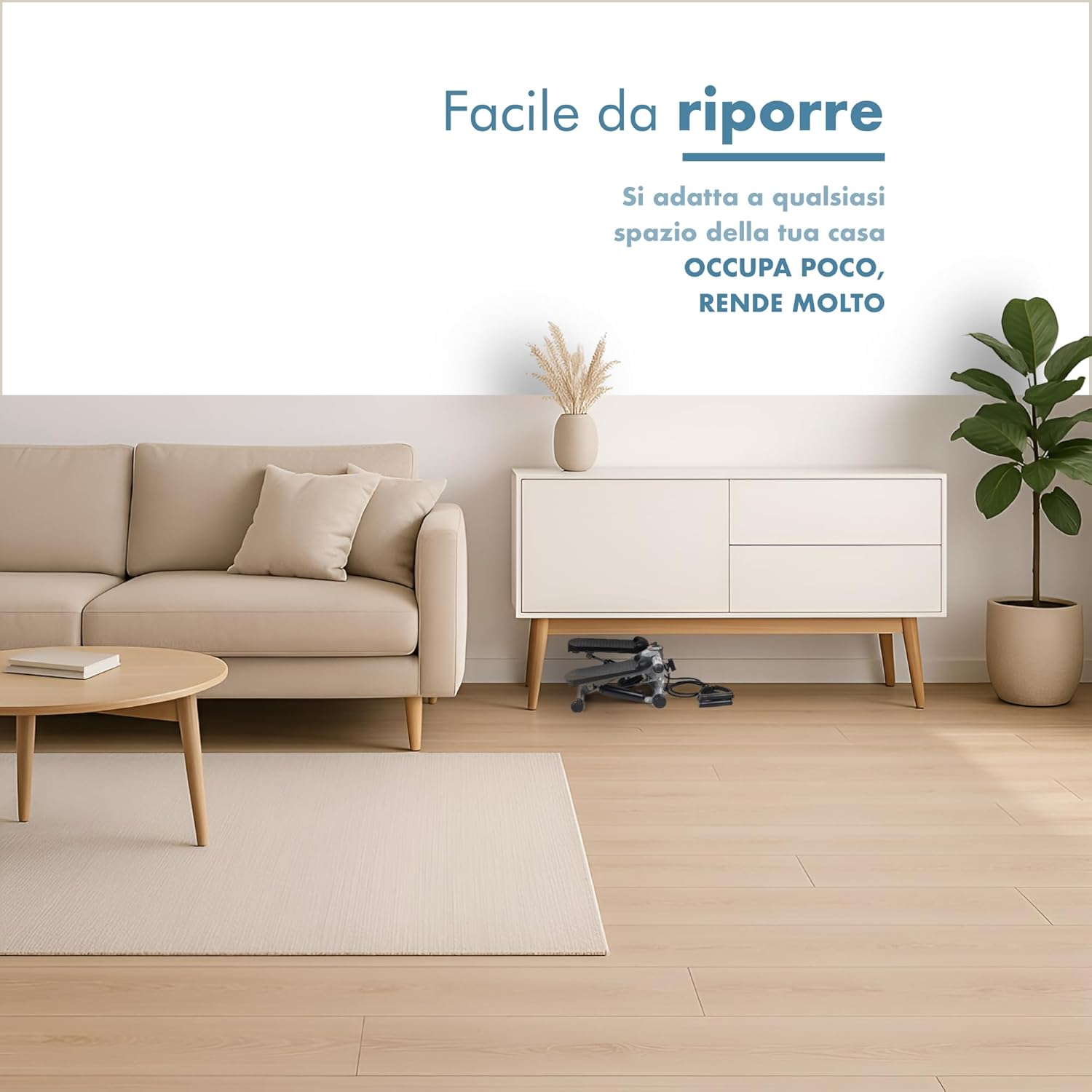 PORTENTUM Mini stepper fitness casa con bande di resistenza e schermo LCD 5 funzioni — Step 3-in-1 per gambe, glutei e braccia — Intensità regolabile — Attrezzi palestra compatti e facili da riporre
