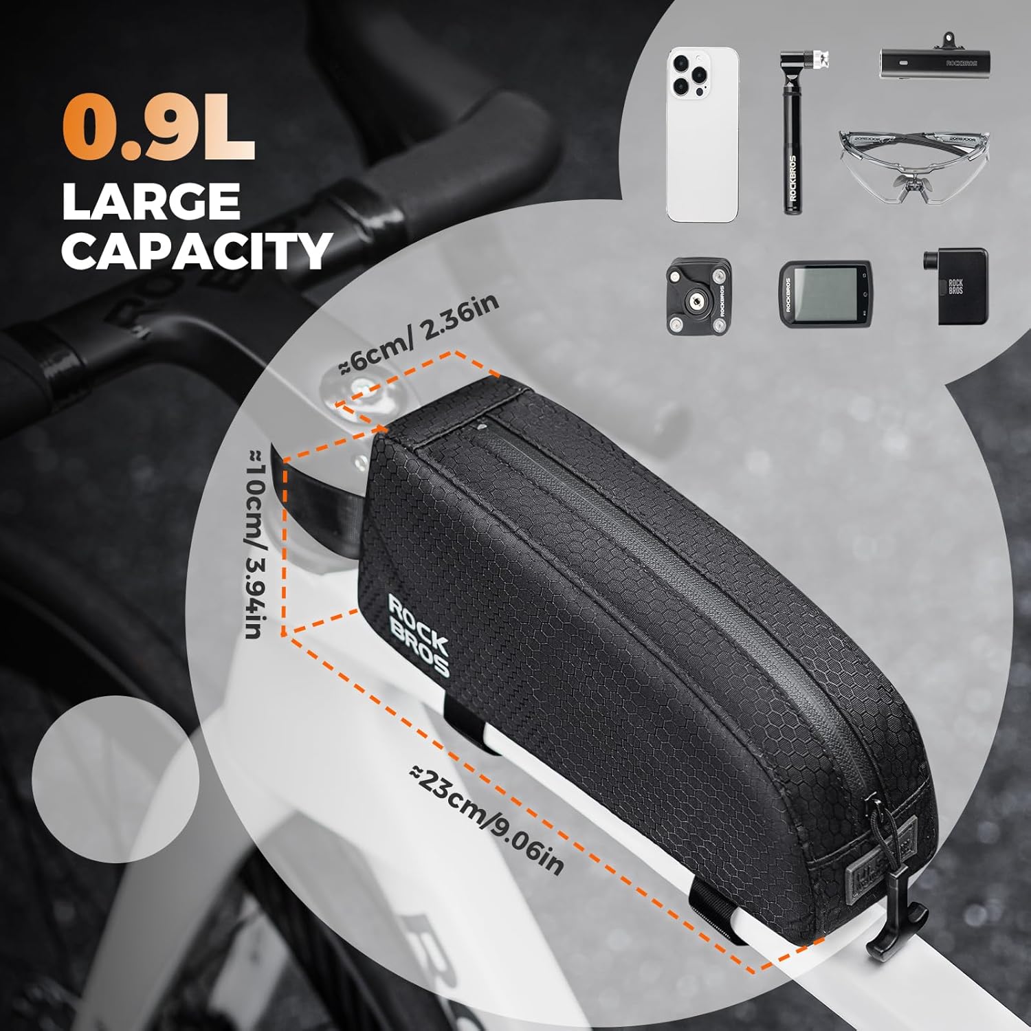 ROCKBROS - Borsa per telaio della bicicletta, impermeabile, 0,9 l, stretta, per riporre telaio, e-bike, ghiaia, strada, MTB, nero