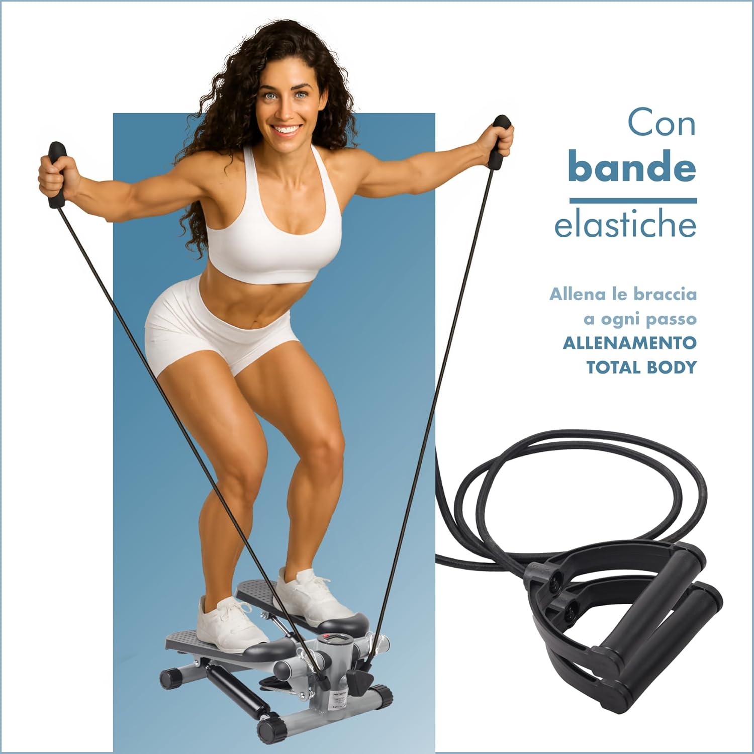 PORTENTUM Mini stepper fitness casa con bande di resistenza e schermo LCD 5 funzioni — Step 3-in-1 per gambe, glutei e braccia — Intensità regolabile — Attrezzi palestra compatti e facili da riporre