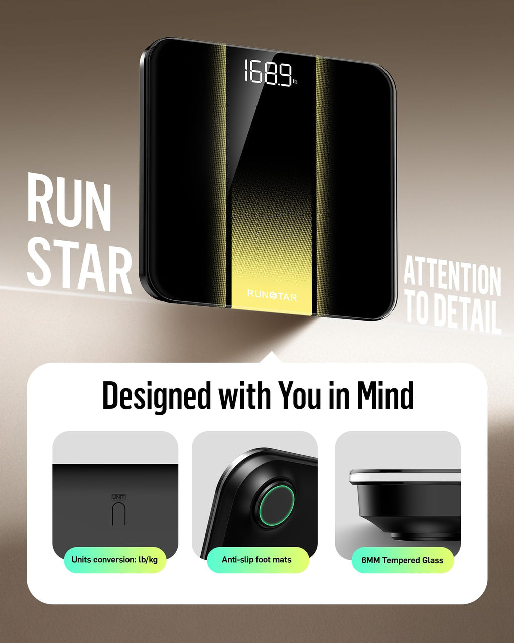 RunStar Bilancia Pesapersone Digitale, Bilancia professionale ad alta Precisione, Max 180 kg, Display Retroilluminato a LED Chiaro, Bilancia Precisa in Vetro Temperato da 6 mm