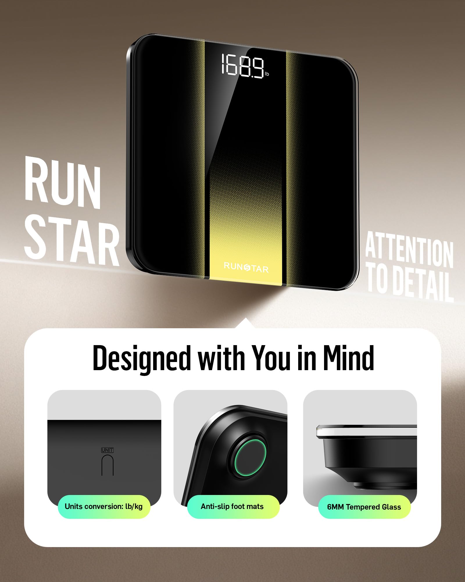 RunStar Bilancia Pesapersone Digitale, Bilancia professionale ad alta Precisione, Max 180 kg, Display Retroilluminato a LED Chiaro, Bilancia Precisa in Vetro Temperato da 6 mm