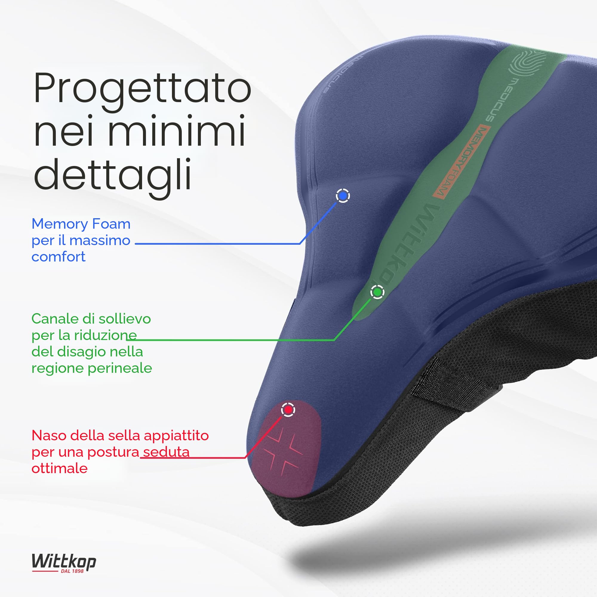 WITTKOP Cuscino per sella da bici in memory foam confortevole I Coprisella da bici per uomo e donna con design ergonomico a 3 zone