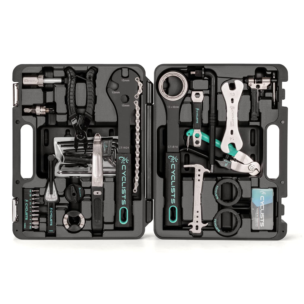 cyclists Kit di Riparazione Bici Portatile, Valigetta Attrezzi per Riparazioni Catene e Pneumatici, Set Completo di Attrezzi per Bici con Custodia per Trasporto