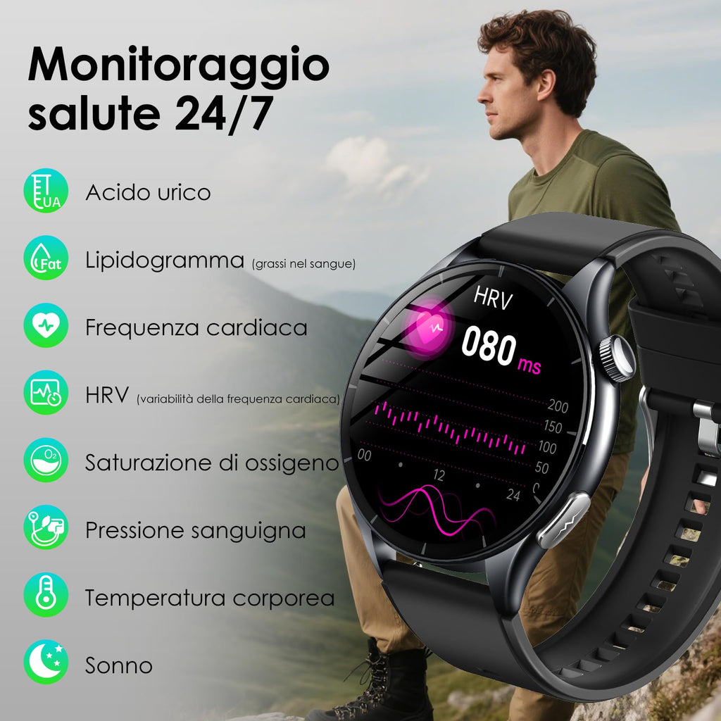 2026 Nuovo Smartwatch Uomo con ECG/Pressione Sanguigna/Sonno/Emozioni/Fatica/BMI/Temperatura/Cardiofrequenzimetro,1,56"AMOLED Salutare Orologio Fitness con Torcia LED/Funzione Telefono/Pulsante SOS