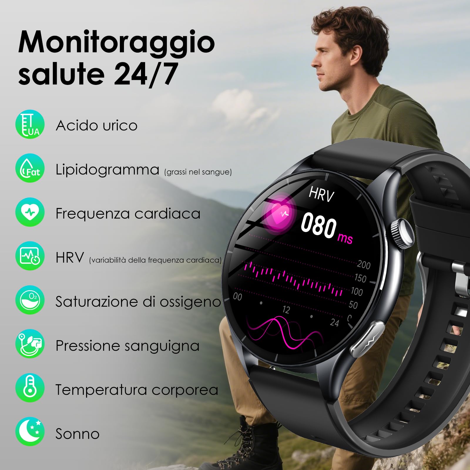 2026 Nuovo Smartwatch Uomo con ECG/Pressione Sanguigna/Sonno/Emozioni/Fatica/BMI/Temperatura/Cardiofrequenzimetro,1,56"AMOLED Salutare Orologio Fitness con Torcia LED/Funzione Telefono/Pulsante SOS