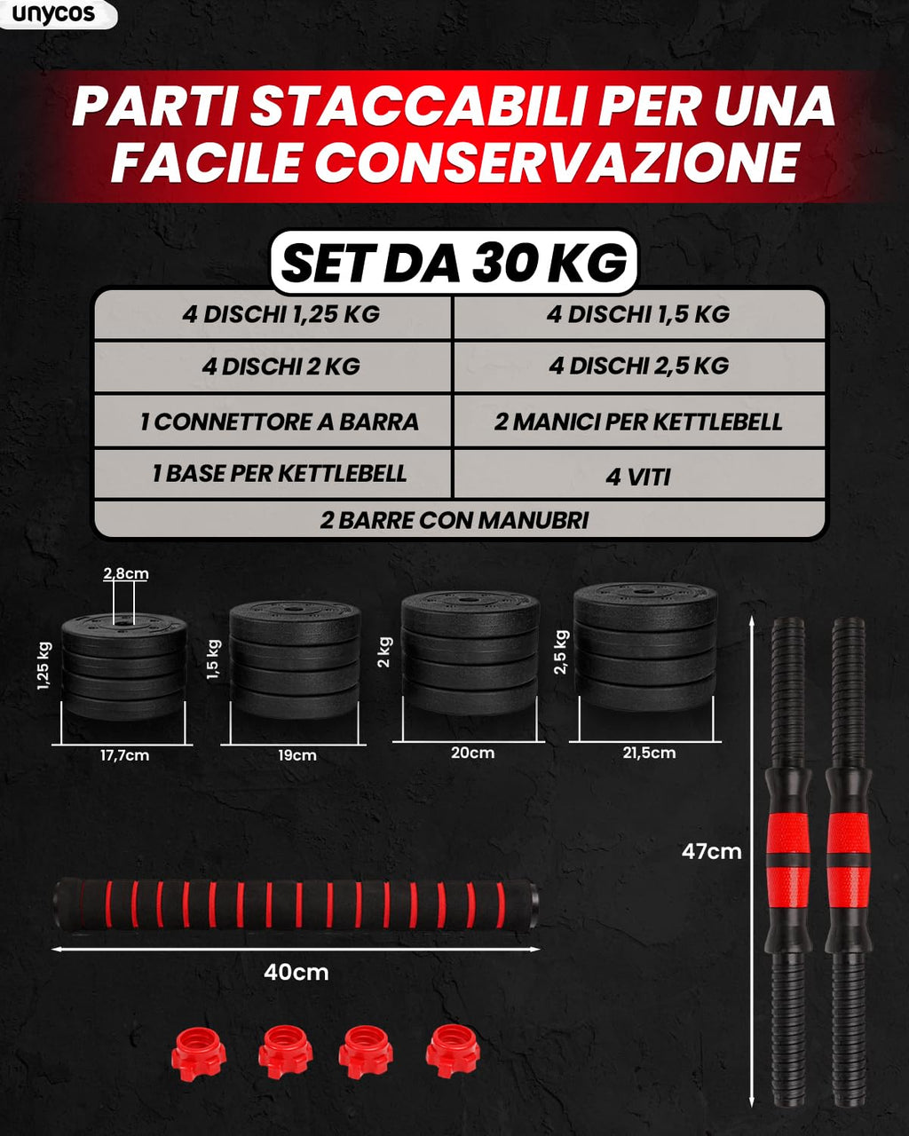 unycos - Manubri Regolabili con Dischi 10-40 kg【E-Book con 50 Esercizi】Coppia di Pesi con Barra di Collegamento Antiscivolo per Allenamento, Palestra in Casa, Fitness (Red/Orange Transformer)