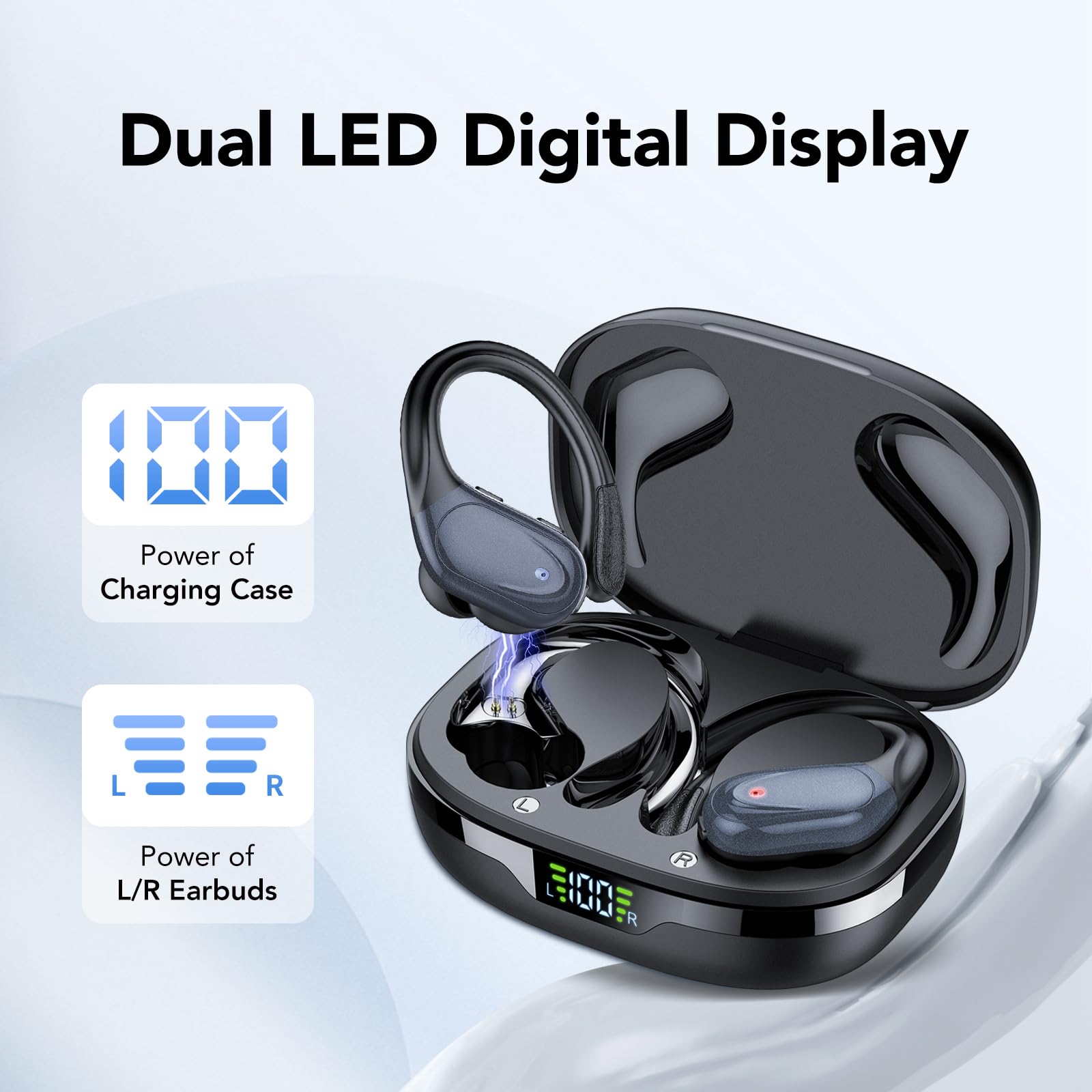 Cuffie Bluetooth, Sport Auricolari Bluetooth 5.3 con Gancio per Orecchio, 60H con Indicatore LED per Cassa di Ricarica, Chiamata ENC HD, Vestibilità Comoda, Basso Profondo, IPX7 Impermeabile(Nero).