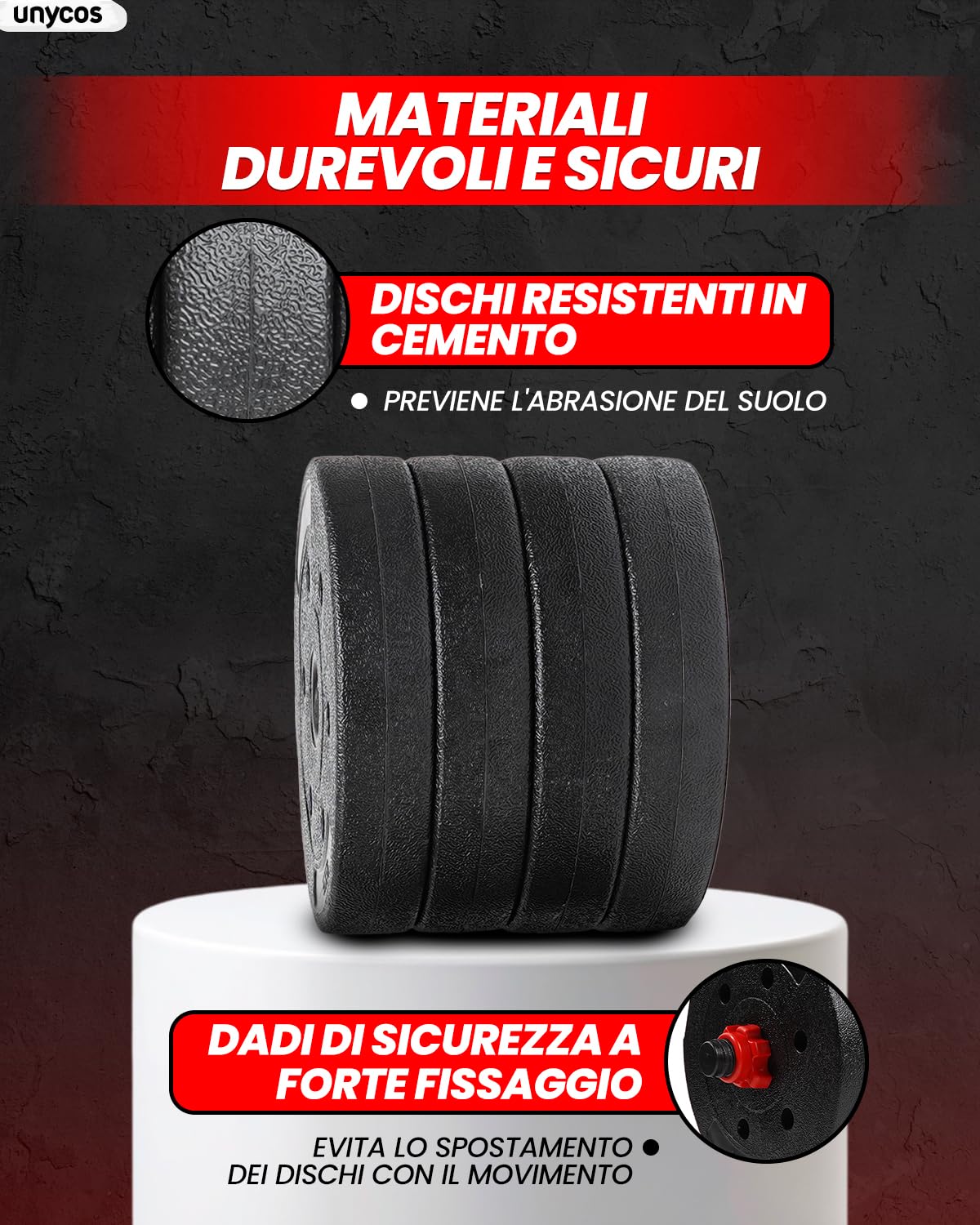 unycos - Manubri Regolabili con Dischi 10-40 kg【E-Book con 50 Esercizi】Coppia di Pesi con Barra di Collegamento Antiscivolo per Allenamento, Palestra in Casa, Fitness (Red/Orange Transformer)