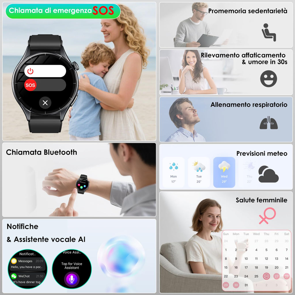 2026 Nuovo Smartwatch Uomo con ECG/Pressione Sanguigna/Sonno/Emozioni/Fatica/BMI/Temperatura/Cardiofrequenzimetro,1,56"AMOLED Salutare Orologio Fitness con Torcia LED/Funzione Telefono/Pulsante SOS