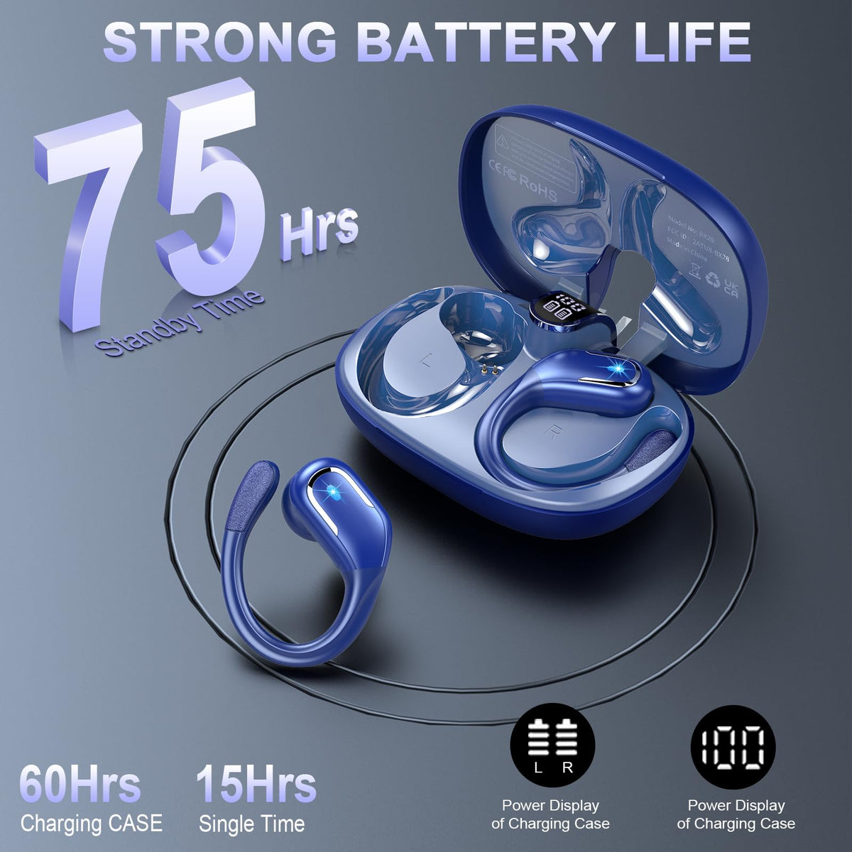 Cuffie Bluetooth 5.4 Sport, Auricolari Bluetooth 75 Ore HiFi Stereo,Cuffie Wireless Impermeabili IPX8,4 ENC Cancellazione Rumore Mic,Con Display a LED, Headphones Per Corsa e Sport Estremi, USB-C