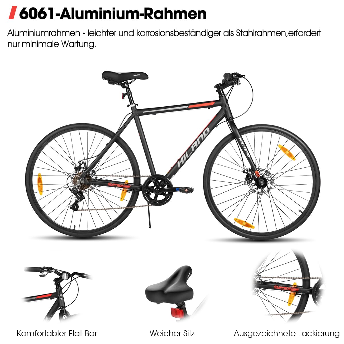 Hiland 700C - Bicicletta da corsa da uomo e donna, telaio in alluminio, 7 marce, con freni a doppio disco, altezza telaio 530 mm/570 mm, bicicletta da strada da 28 pollici, colore nero/rosso/argento