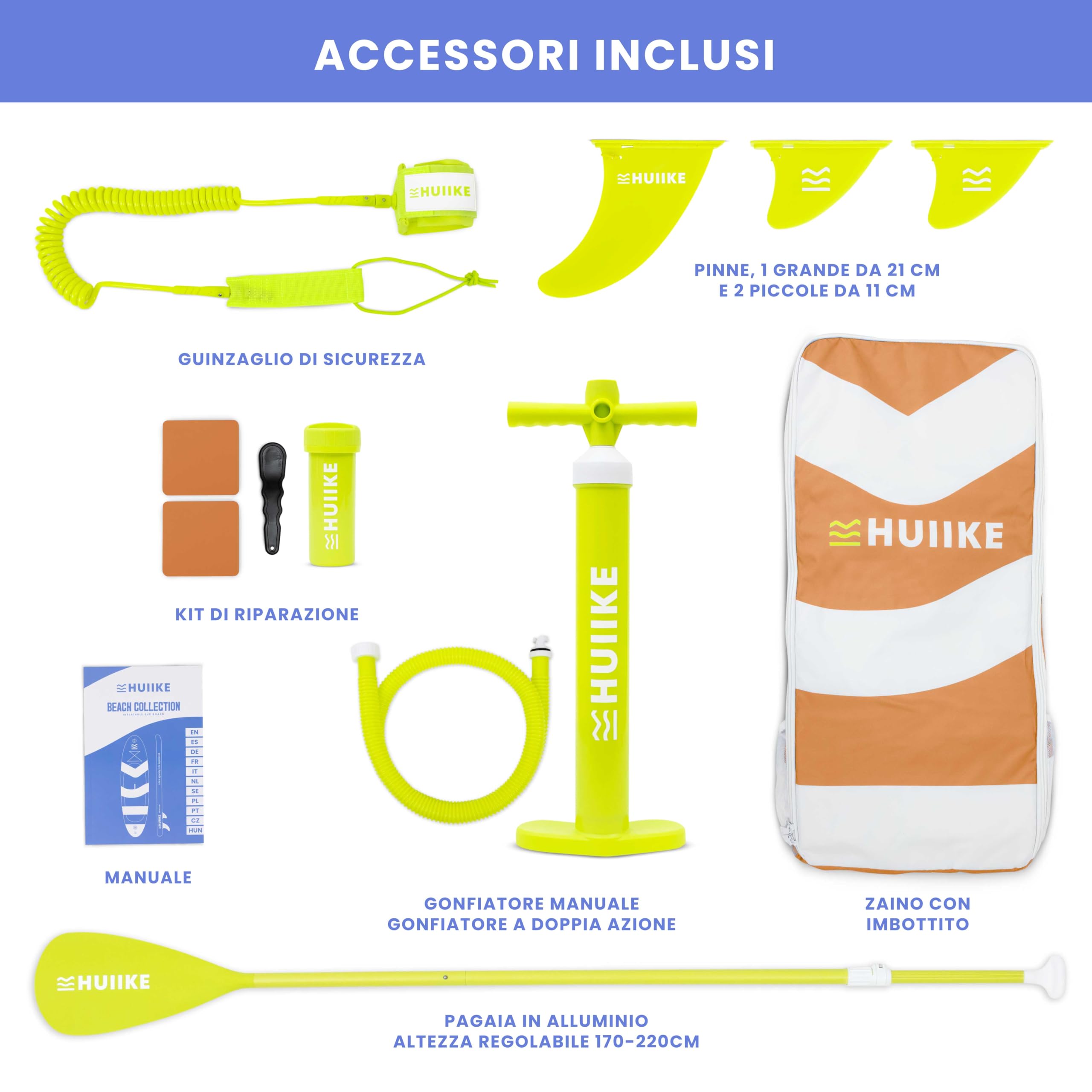 HUIIKE Tavola Sup Gonfiabile Adulti con Accessori Inclusi, Pagaia, Pinne, Pompa. Stand Up Paddle Board con Grande Stabilità e Resistenza. 305 x 84 x 15 cm, Carico Massimo 130 kg