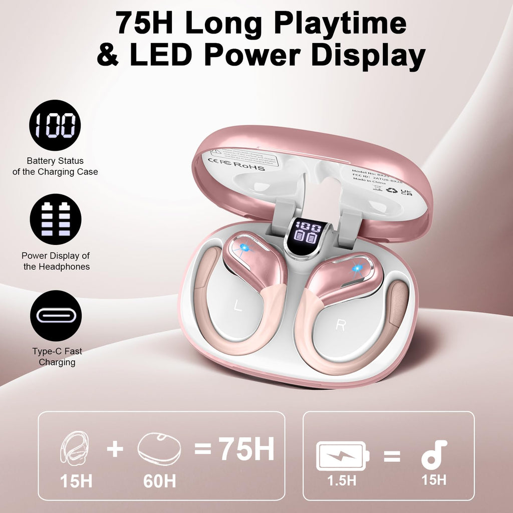 Cuffie Bluetooth 5.4 Sport, Auricolari Bluetooth 75 Ore HiFi Stereo,Cuffie Wireless Impermeabili IPX8,4 ENC Cancellazione Rumore Mic,Con Display a LED, Headphones Per Corsa e Sport Estremi, USB-C