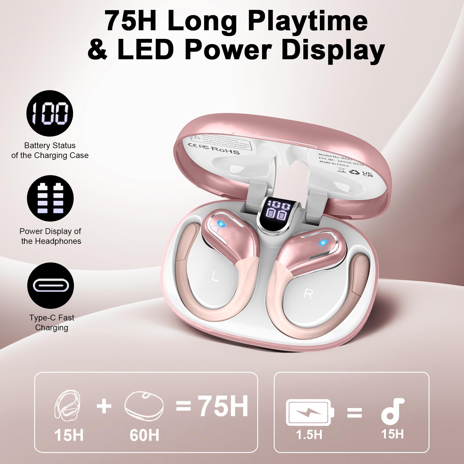 Cuffie Bluetooth 5.4 Sport, Auricolari Bluetooth 75 Ore HiFi Stereo,Cuffie Wireless Impermeabili IPX8,4 ENC Cancellazione Rumore Mic,Con Display a LED, Headphones Per Corsa e Sport Estremi, USB-C