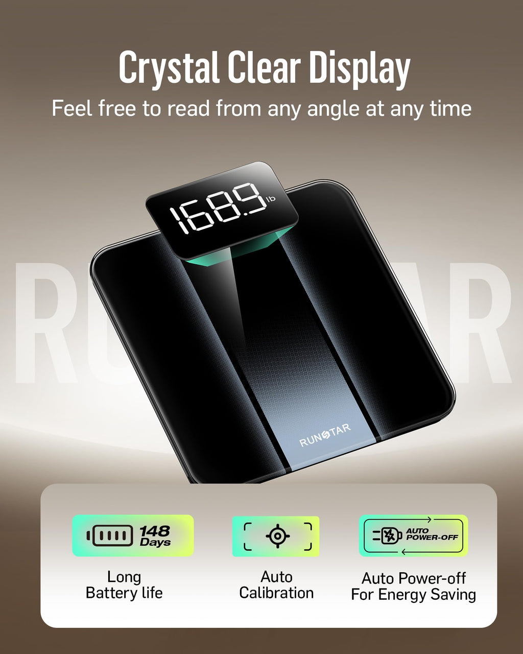 RunStar Bilancia Pesapersone Digitale, Bilancia professionale ad alta Precisione, Max 180 kg, Display Retroilluminato a LED Chiaro, Bilancia Precisa in Vetro Temperato da 6 mm