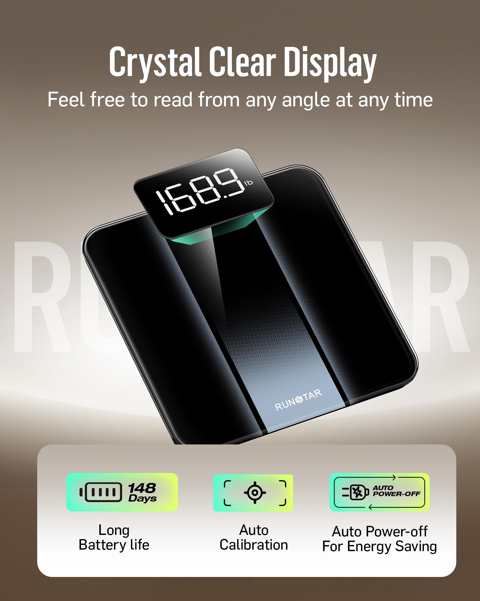 RunStar Bilancia Pesapersone Digitale, Bilancia professionale ad alta Precisione, Max 180 kg, Display Retroilluminato a LED Chiaro, Bilancia Precisa in Vetro Temperato da 6 mm