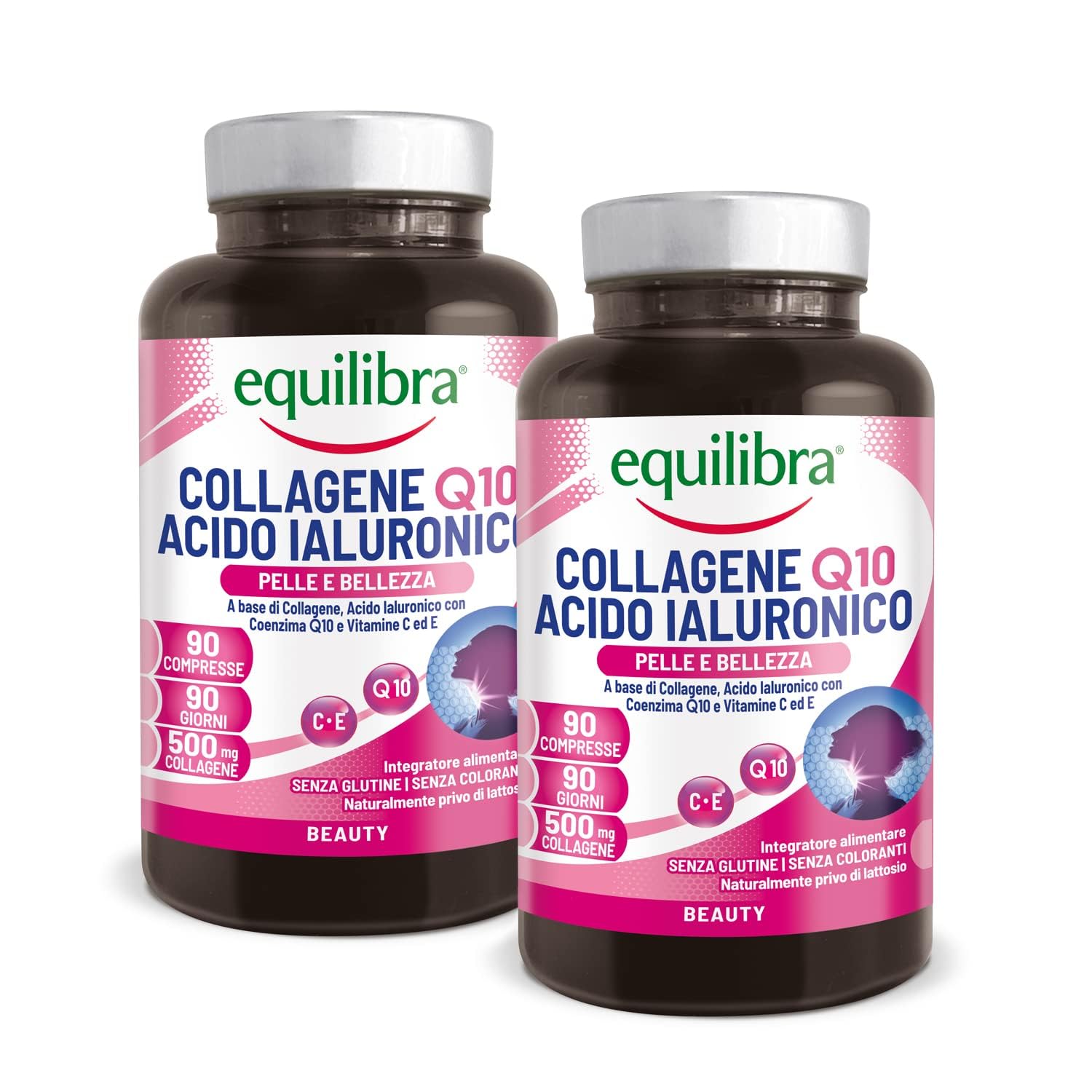 Equilibra Integratori Alimentari, Collagene Q10 Acido Ialuronico, Benessere e Bellezza della Pelle, a Base di Collagene Idrolizzato, Acido Ialuronico, Coenzima Q10, Vitamine C ed E, 90 Compresse