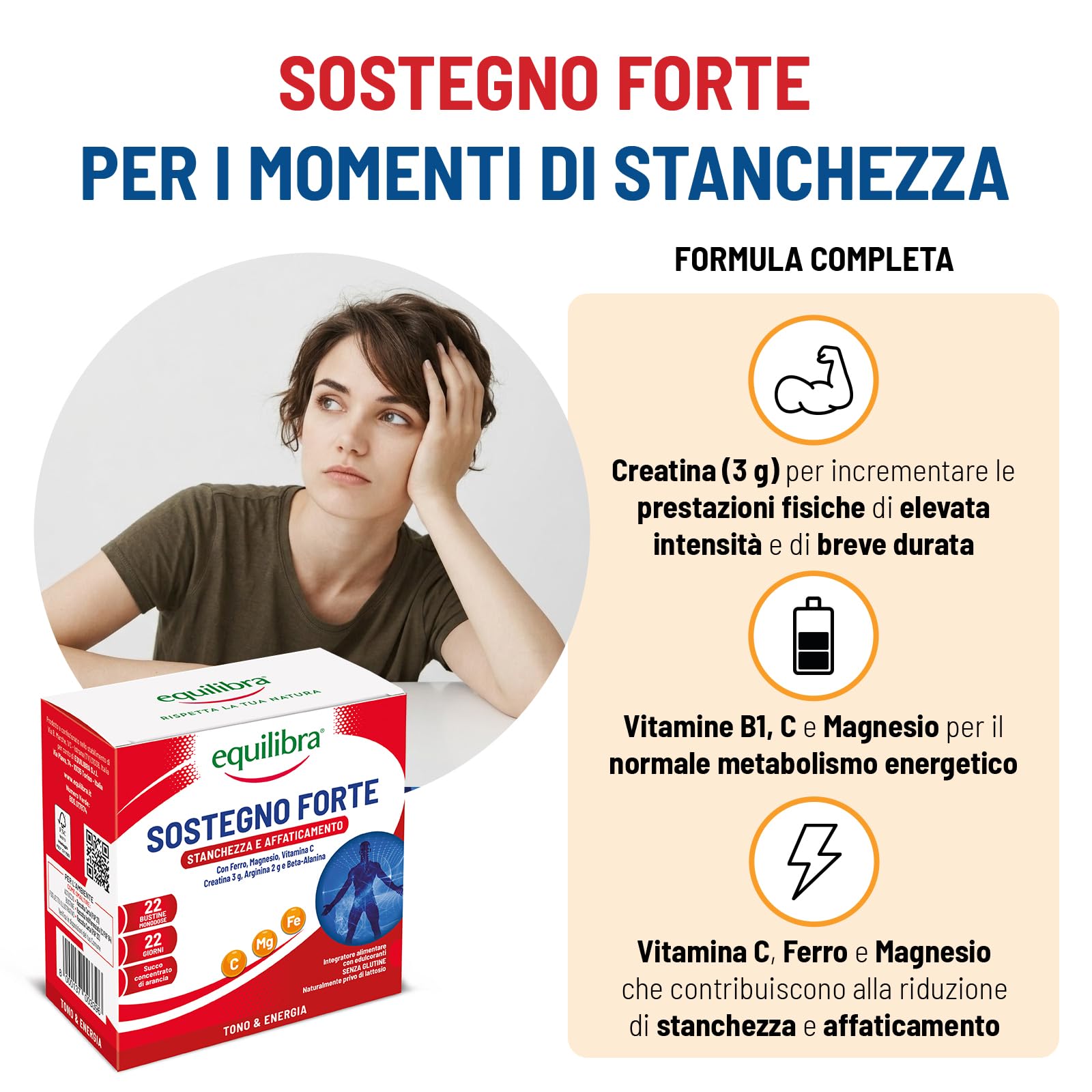 equilibra Integratori Alimentari, Sostegno Forte, Integratore con Creatina, Arginina, Vitamine C, B1, per Incrementare le Prestazioni Fisiche, con Succo Concentrato di Arancio, 22 Bustine Monodose