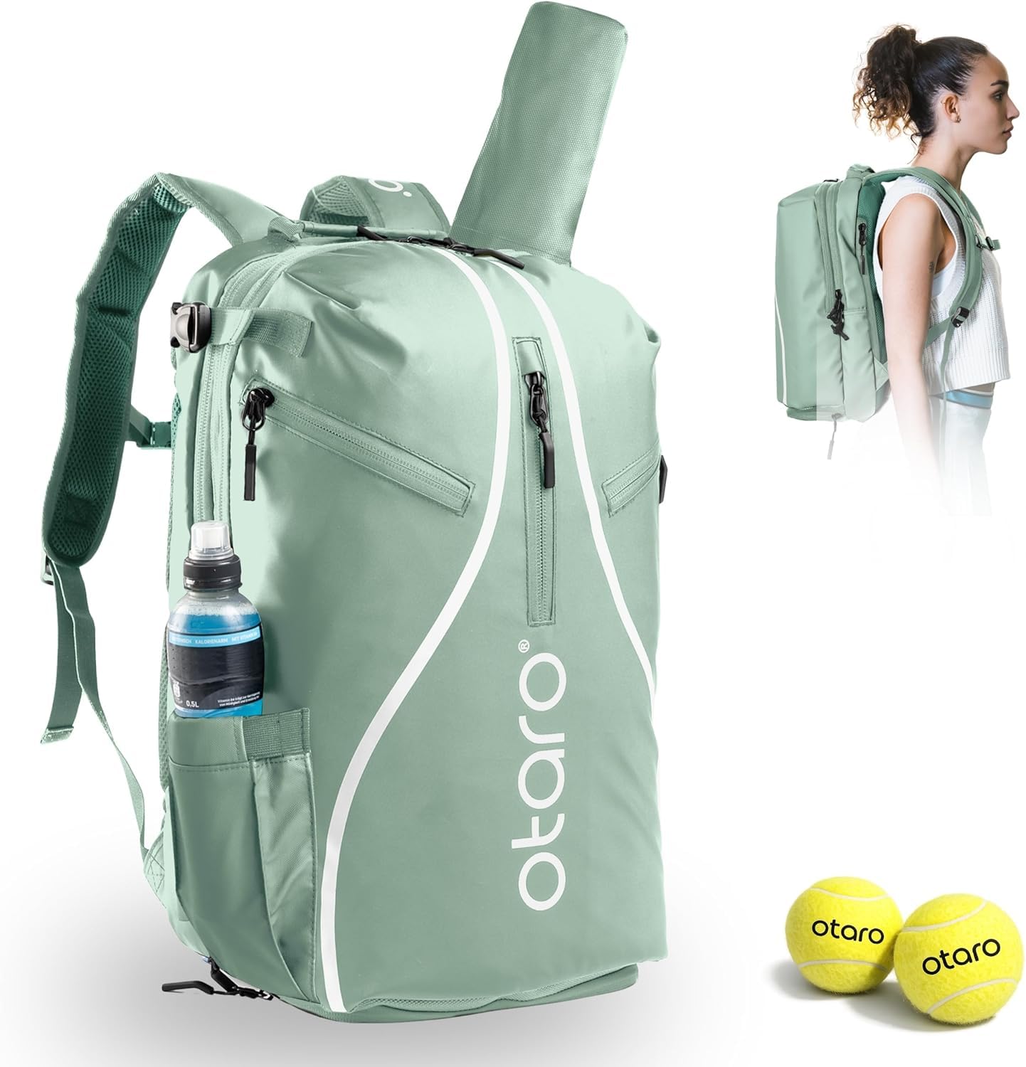 Otaro Zaino Tennis | Zaino con porta scarpe, scomparto per laptop e scomparto per 2 racchette | Zaino sportivo | Porta racchetta tennis | Borsa tennis con copertura antipioggia e sacca per biancheria