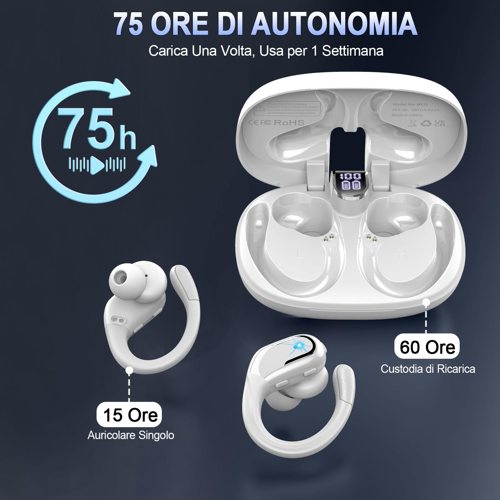 Cuffie Bluetooth 5.4 Sport, Auricolari Bluetooth 75 Ore HiFi Stereo,Cuffie Wireless Impermeabili IPX8,4 ENC Cancellazione Rumore Mic,Con Display a LED, Headphones Per Corsa e Sport Estremi, USB-C