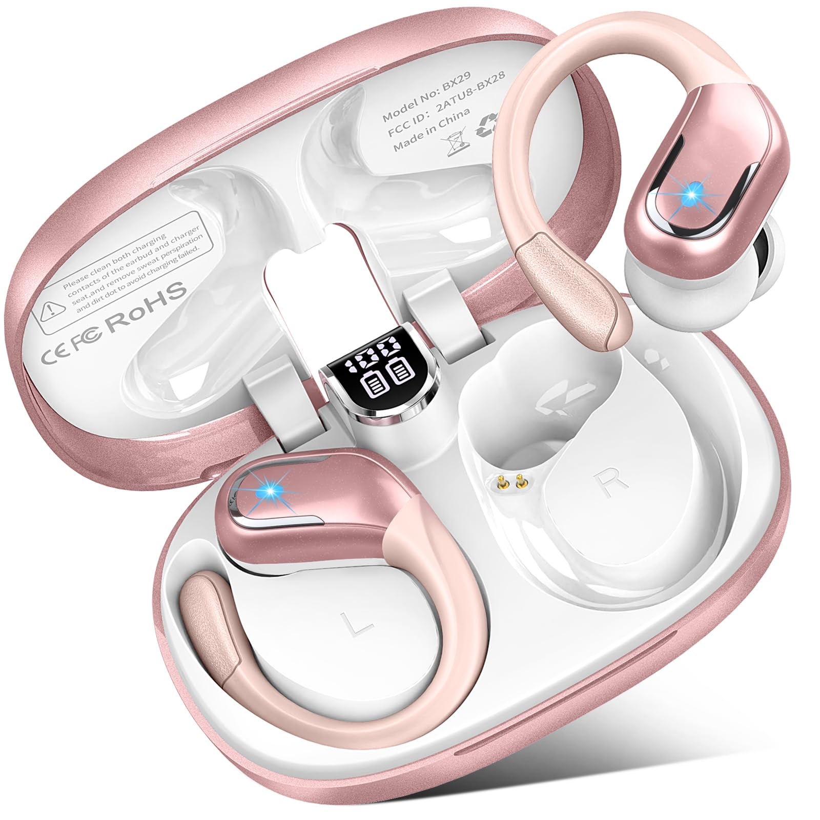 Cuffie Bluetooth 5.4 Sport, Auricolari Bluetooth 75 Ore HiFi Stereo,Cuffie Wireless Impermeabili IPX8,4 ENC Cancellazione Rumore Mic,Con Display a LED, Headphones Per Corsa e Sport Estremi, USB-C