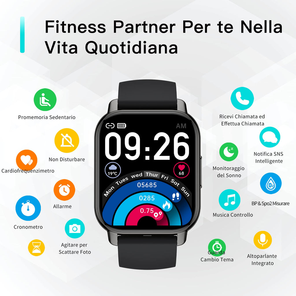 Popglory Smartwatch Uomo Donna Chiamate e Whatsapp, AI Orologio Contapassi 100+ Sports, Assistente, Salute 24/7, Pressione Sanguigna, Cardiofrequenzimetro, SpO2 Sonno, 2 Cinturini per Android iOS