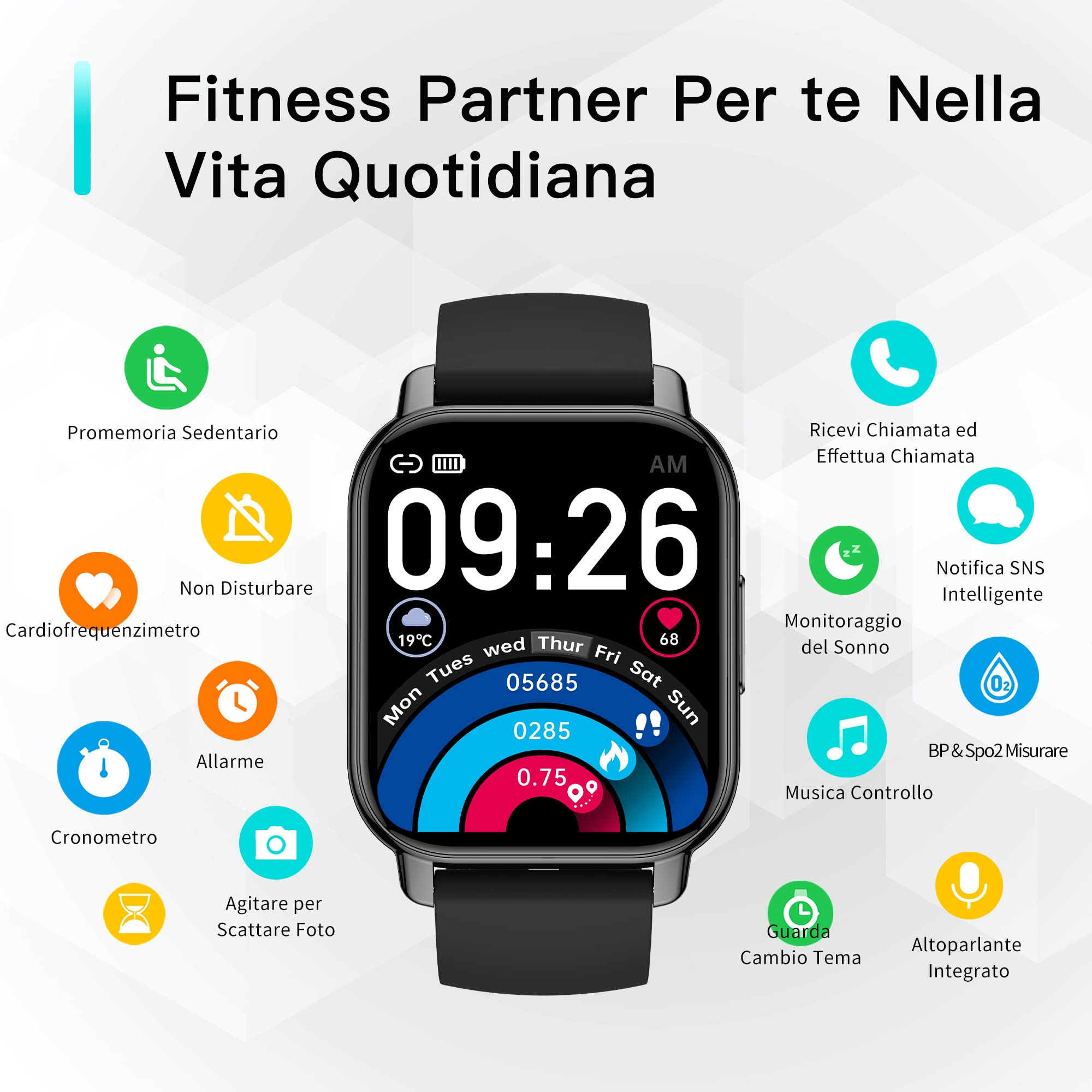 Popglory Smartwatch Uomo Donna Chiamate e Whatsapp, AI Orologio Contapassi 100+ Sports, Assistente, Salute 24/7, Pressione Sanguigna, Cardiofrequenzimetro, SpO2 Sonno, 2 Cinturini per Android iOS