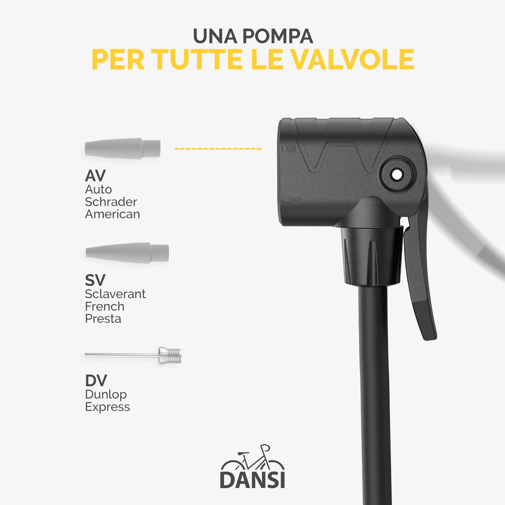 DANSI Pompa per bicicletta a pedale con valvole AV, SV, DV - Pompa ad aria per bicicletta con manometro grande, adattatori e serbatoio | Pompa per moto, bici elettrica, auto e articoli sportivi