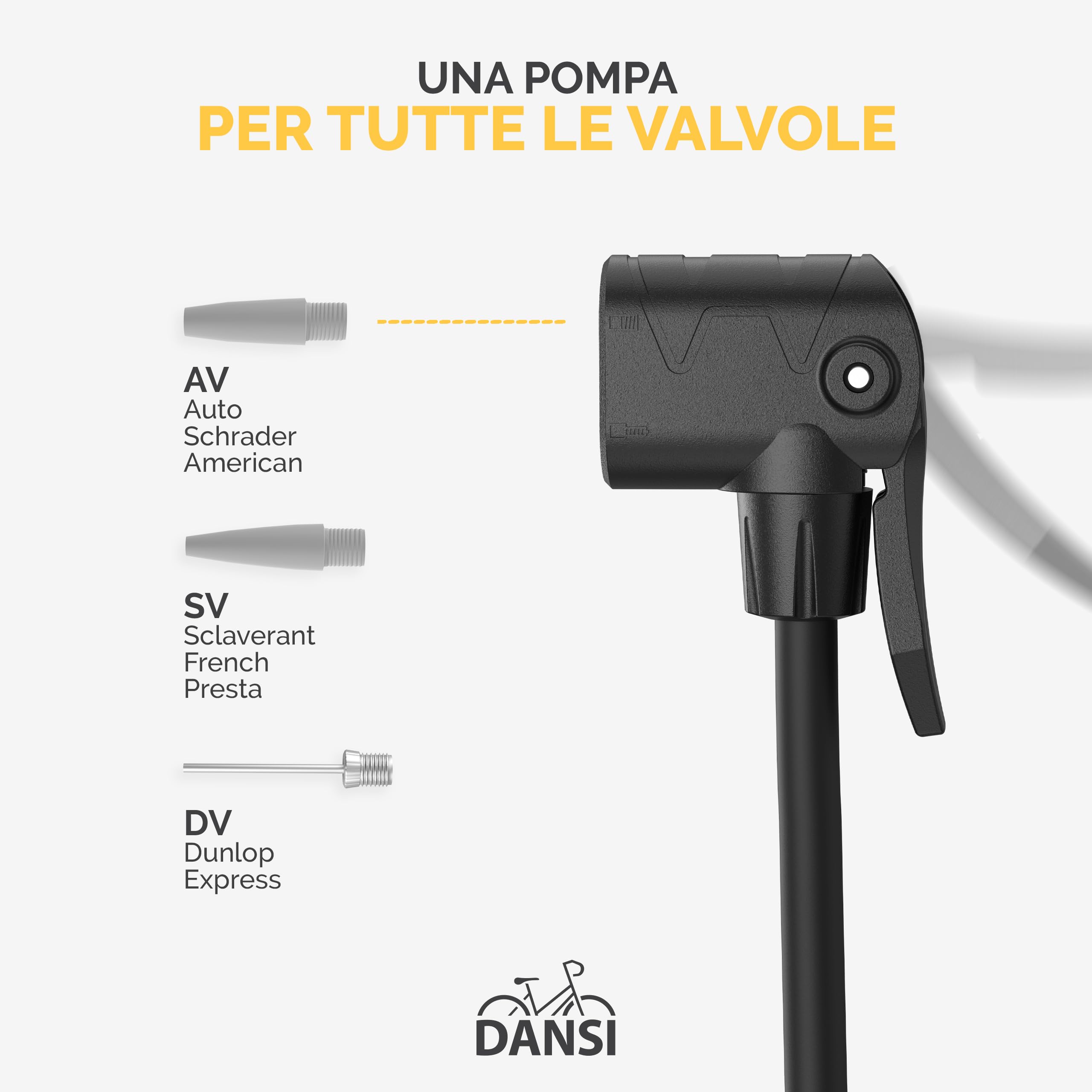 DANSI Pompa per bicicletta a pedale con valvole AV, SV, DV - Pompa ad aria per bicicletta con manometro grande, adattatori e serbatoio | Pompa per moto, bici elettrica, auto e articoli sportivi