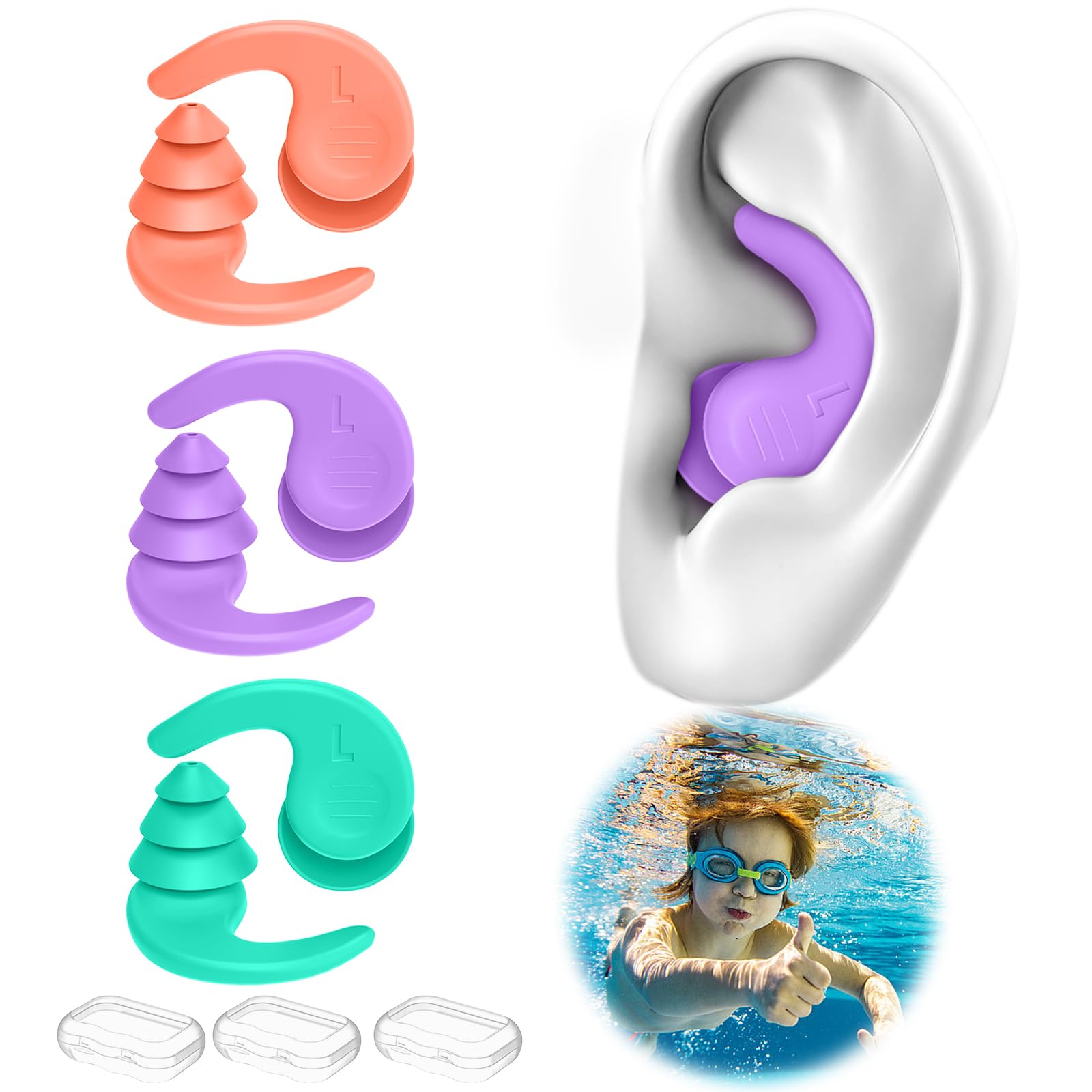 Tappi per le Orecchie da Nuoto per Adulti, 4 Paia Tappi Auricolari Impermeabili Riutilizzabili in Silicone con Cavo Rimovibile, Perfetti per Nuoto, Doccia, Surf e Altri Sport Acquatici