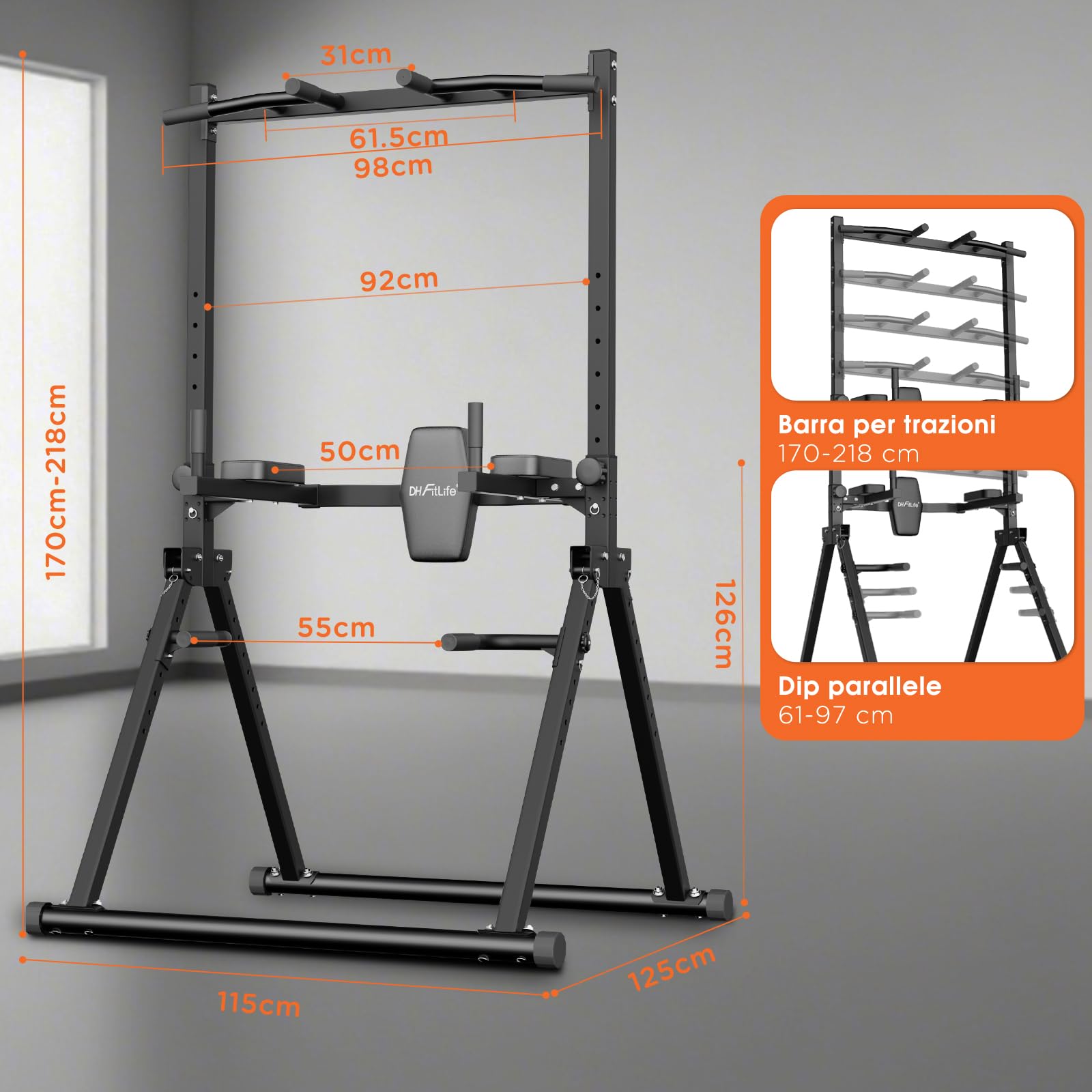 DH FitLife Power Tower Station de Musculation Pliable | Barre de Traction Autoportante avec Barres de Dips Parallèles et Supports d'Haltères/Dossier | Station de Fitness Multifonctionnelle | Power Rack pour Gym à Domicile