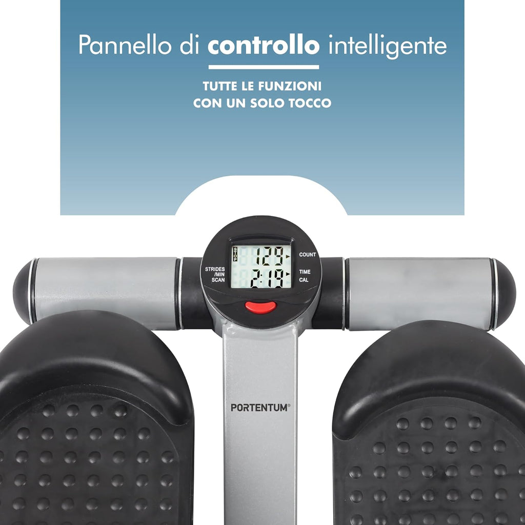 PORTENTUM Mini stepper fitness casa con bande di resistenza e schermo LCD 5 funzioni — Step 3-in-1 per gambe, glutei e braccia — Intensità regolabile — Attrezzi palestra compatti e facili da riporre