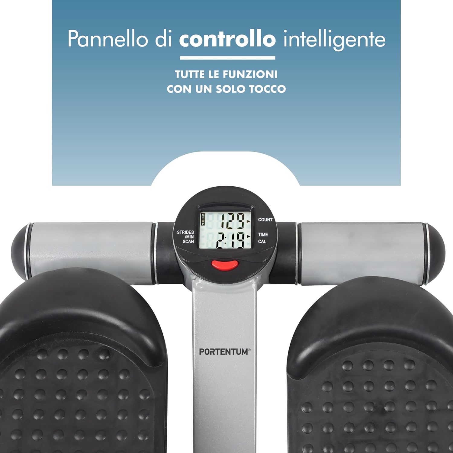 PORTENTUM Mini stepper fitness casa con bande di resistenza e schermo LCD 5 funzioni — Step 3-in-1 per gambe, glutei e braccia — Intensità regolabile — Attrezzi palestra compatti e facili da riporre