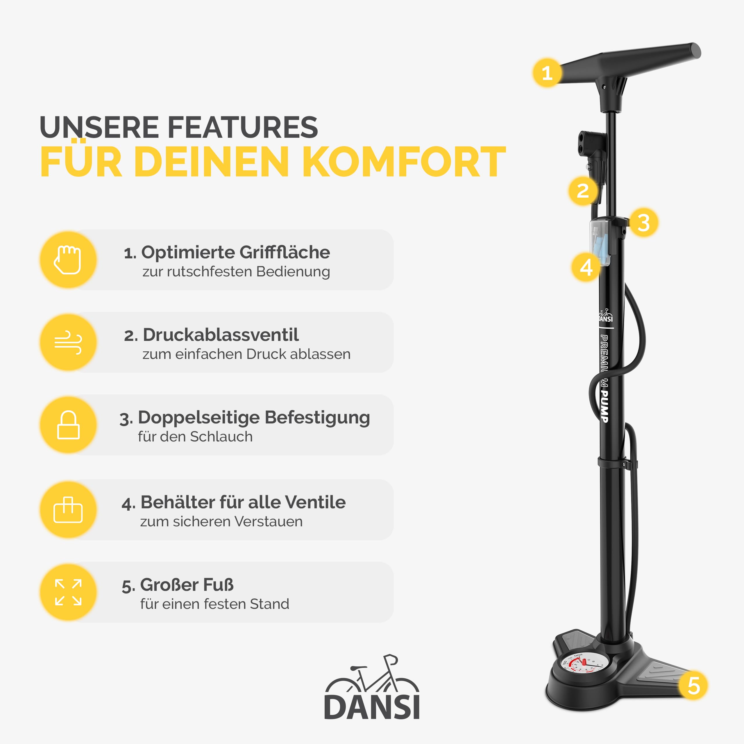 DANSI Pompa per bicicletta a pedale con valvole AV, SV, DV - Pompa ad aria per bicicletta con manometro grande, adattatori e serbatoio | Pompa per moto, bici elettrica, auto e articoli sportivi