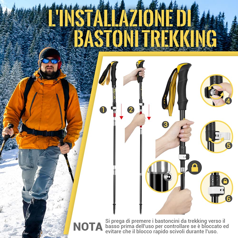 Glymnis Bastoni Trekking Bastoncini da Trekking Pieghevoli e Antiurto 110-130cm 5 Sezioni in Alluminio 7075 Impugnatura in Eva Punta in Carburo di Tungsteno per Escursioni 1 Paio