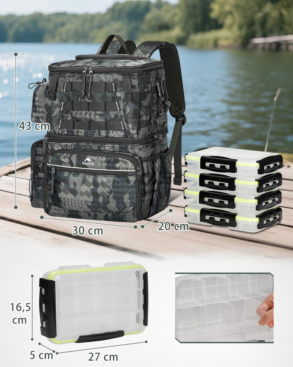 MATEIN Zaino Pesca con Scatole e Portacanna, Impermeabile Zaino da Pesca per Uomo con Scomparto Termico Isolato, Zaini per Attrezzatura con 4 Scatole per Campeggio, Regali per Pescatori, Mimetico