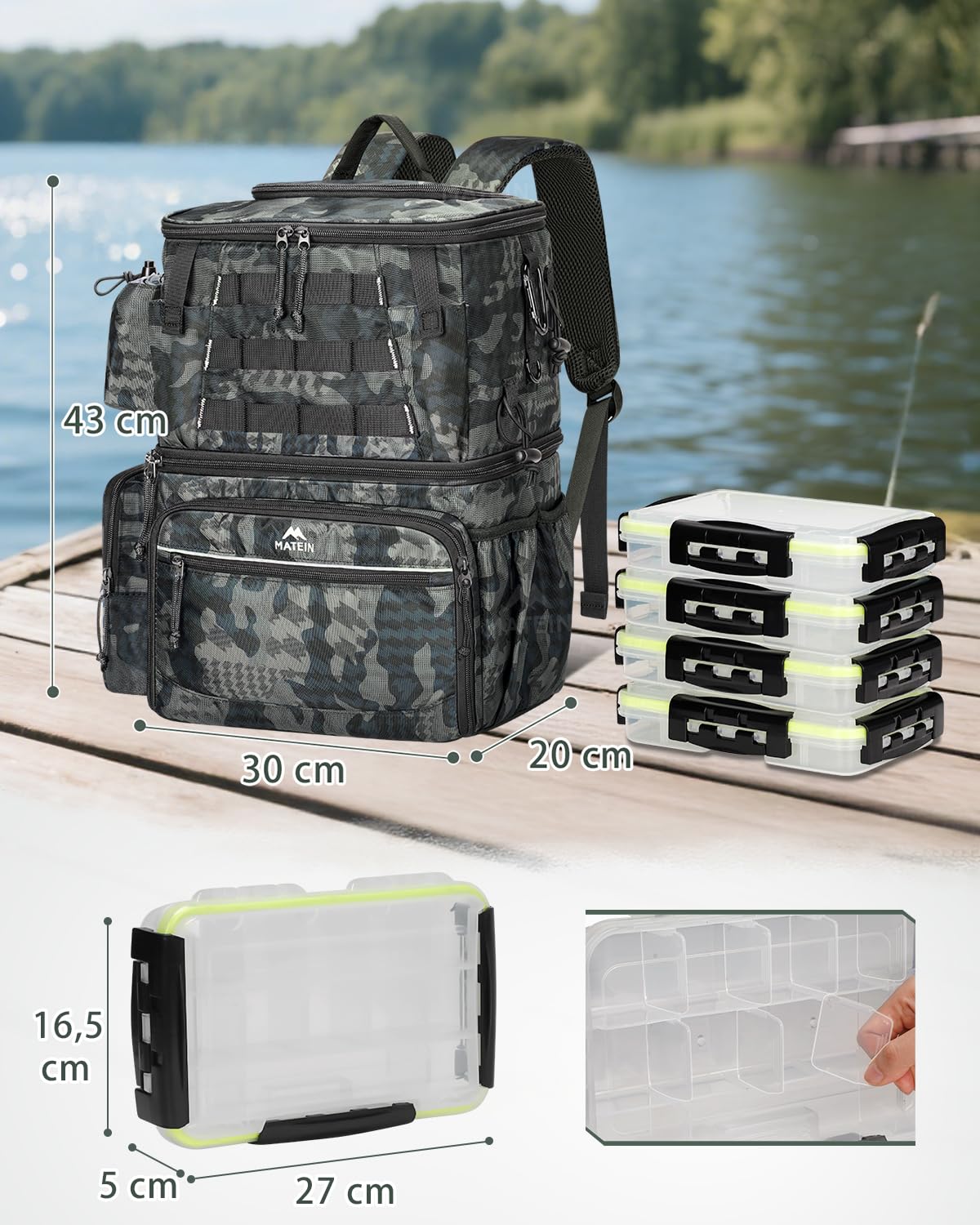 MATEIN Zaino Pesca con Scatole e Portacanna, Impermeabile Zaino da Pesca per Uomo con Scomparto Termico Isolato, Zaini per Attrezzatura con 4 Scatole per Campeggio, Regali per Pescatori, Mimetico